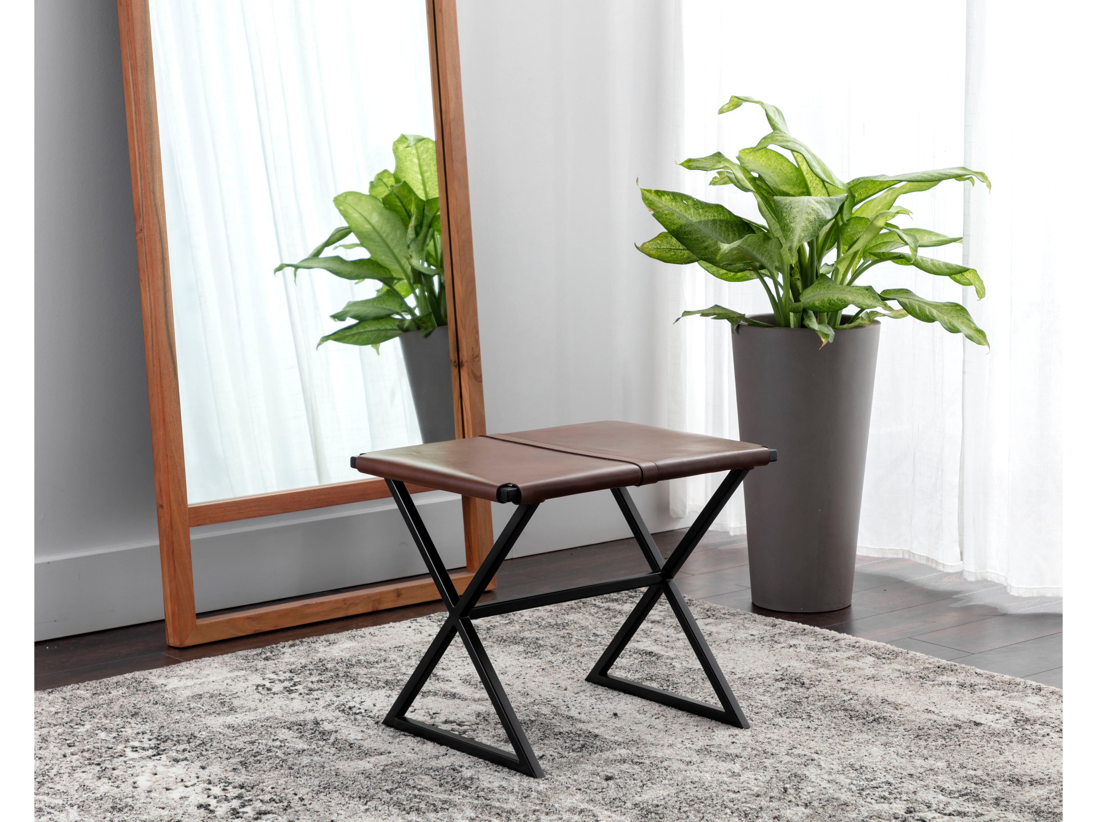 Sunpan Elon Vintage Cognac Leather Brown Upholstered Accent Stool