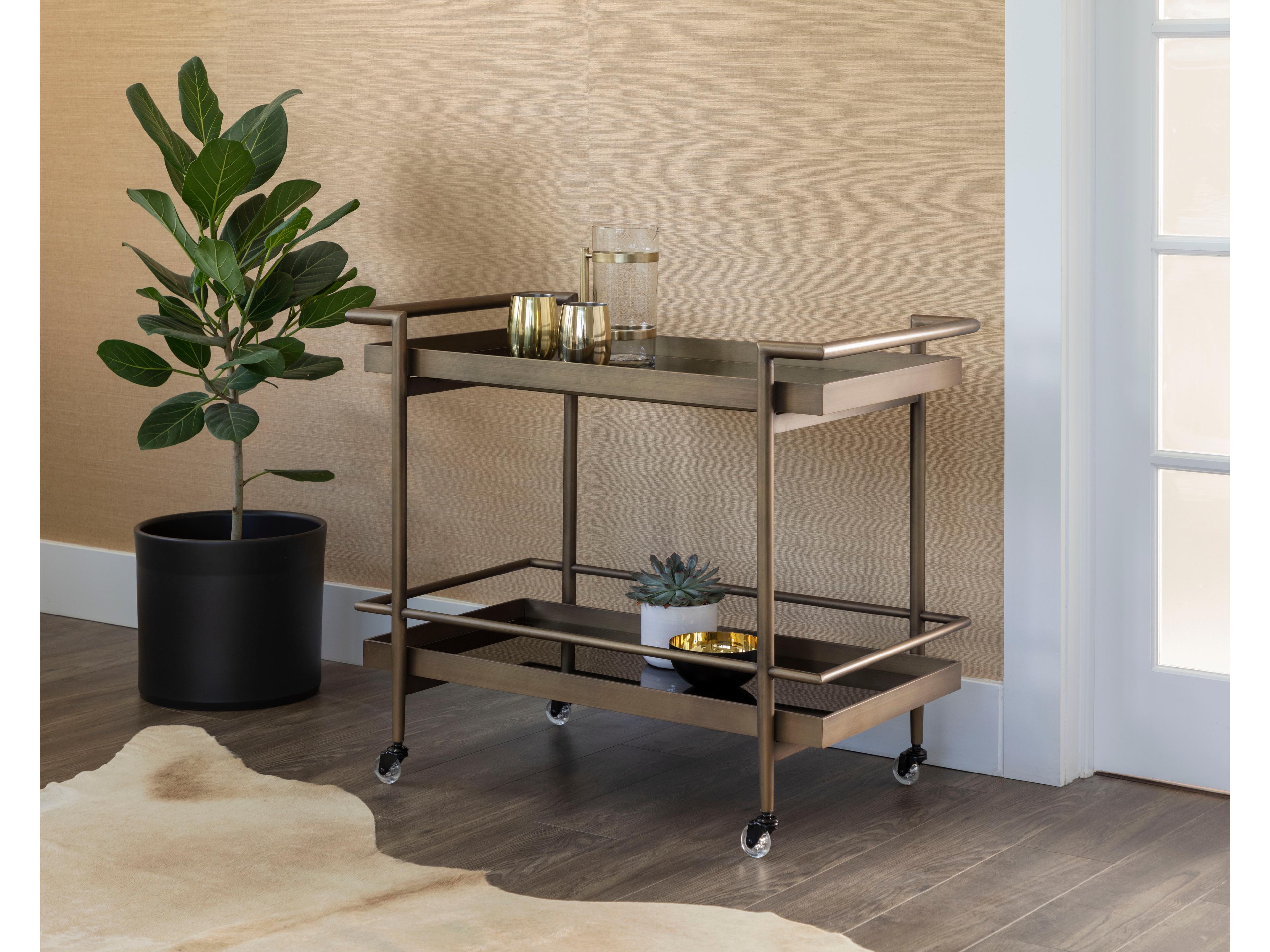 Sunpan Livingston Glass Antique Brass Bar Cart