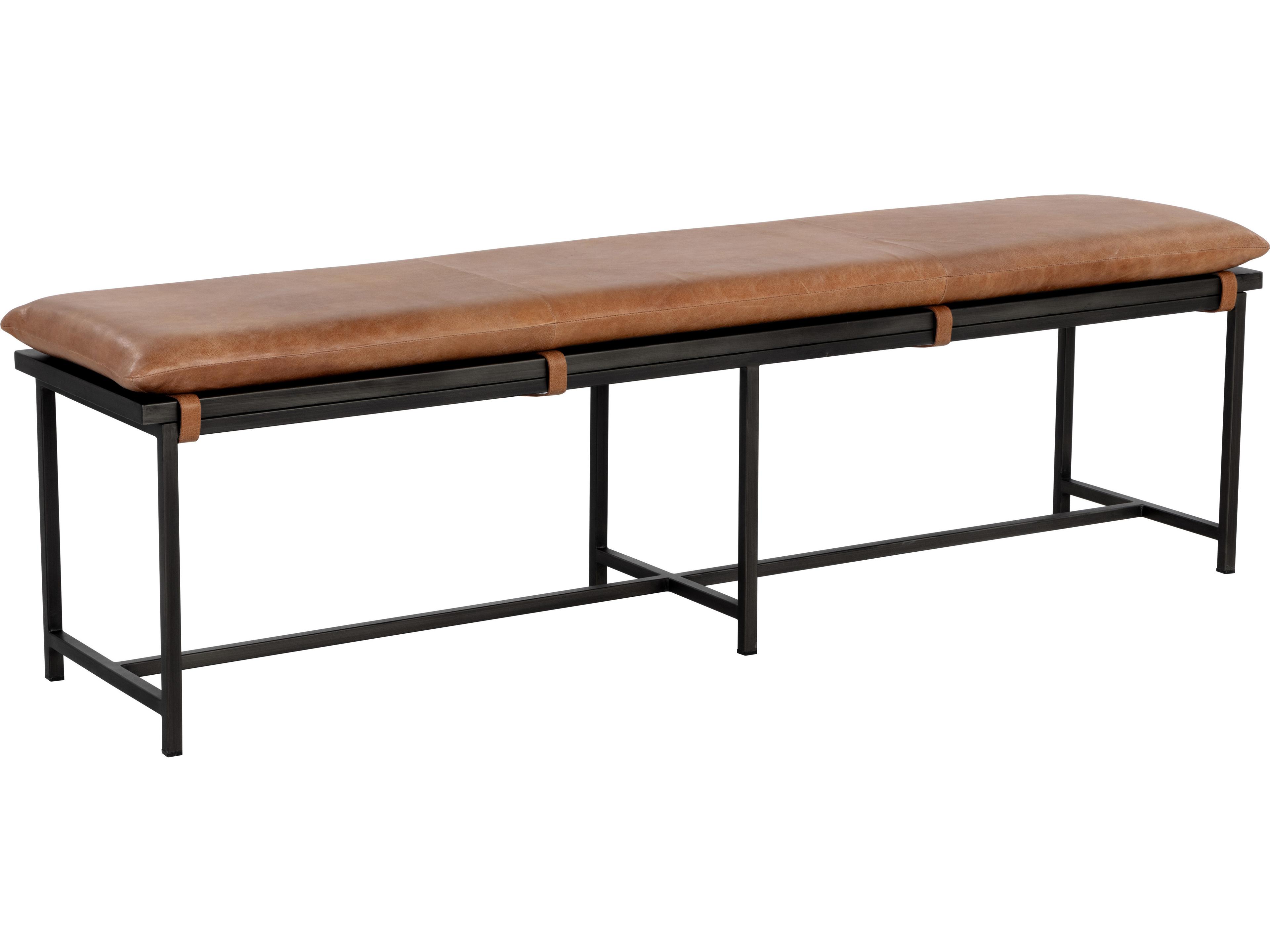 Sunpan Zancor Gunmetal Tan Leather Brown Upholstered Accent Bench