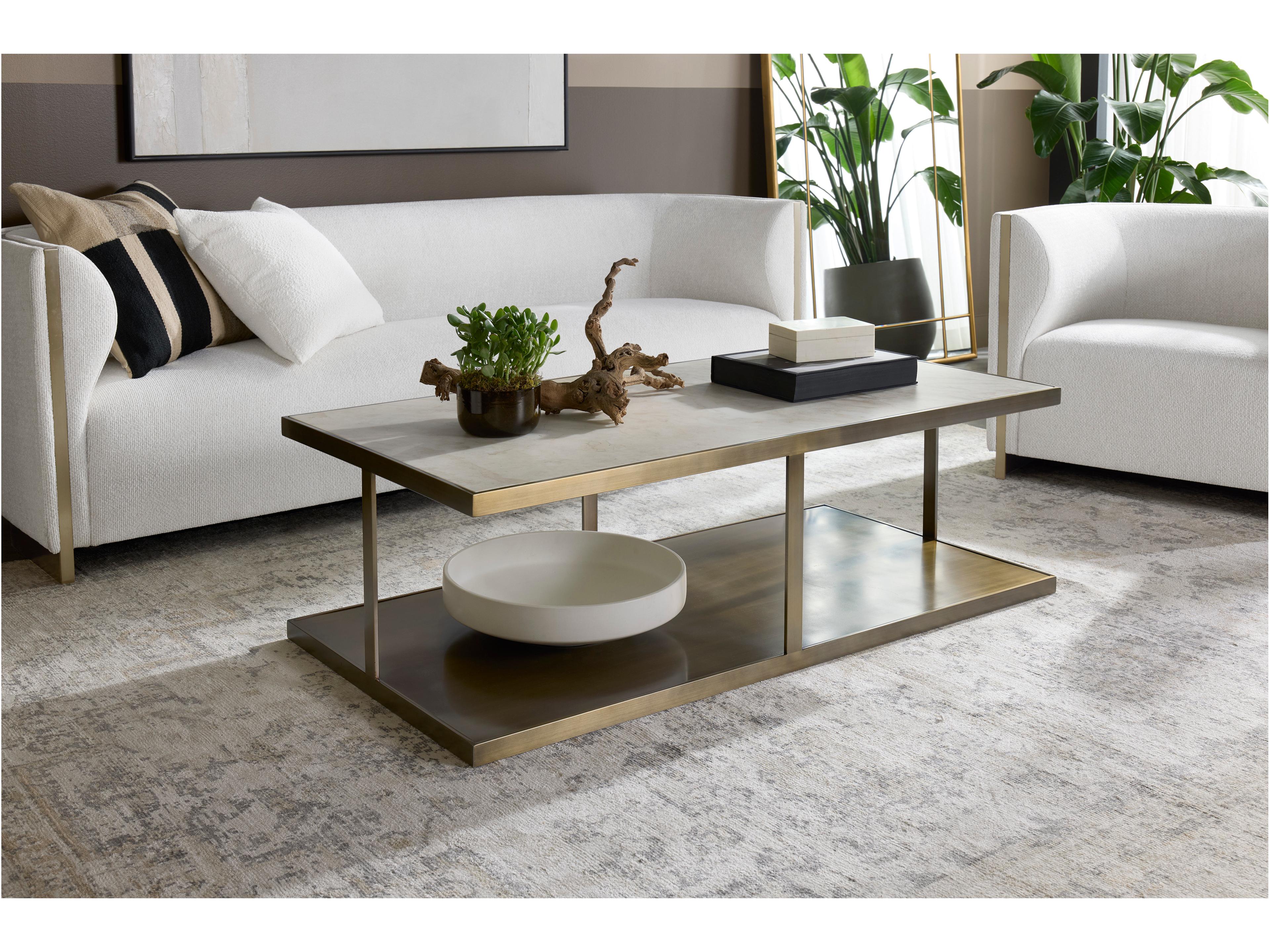 Sunpan Kamali Rectangular Marble Matte Antique Gold Coffee Table
