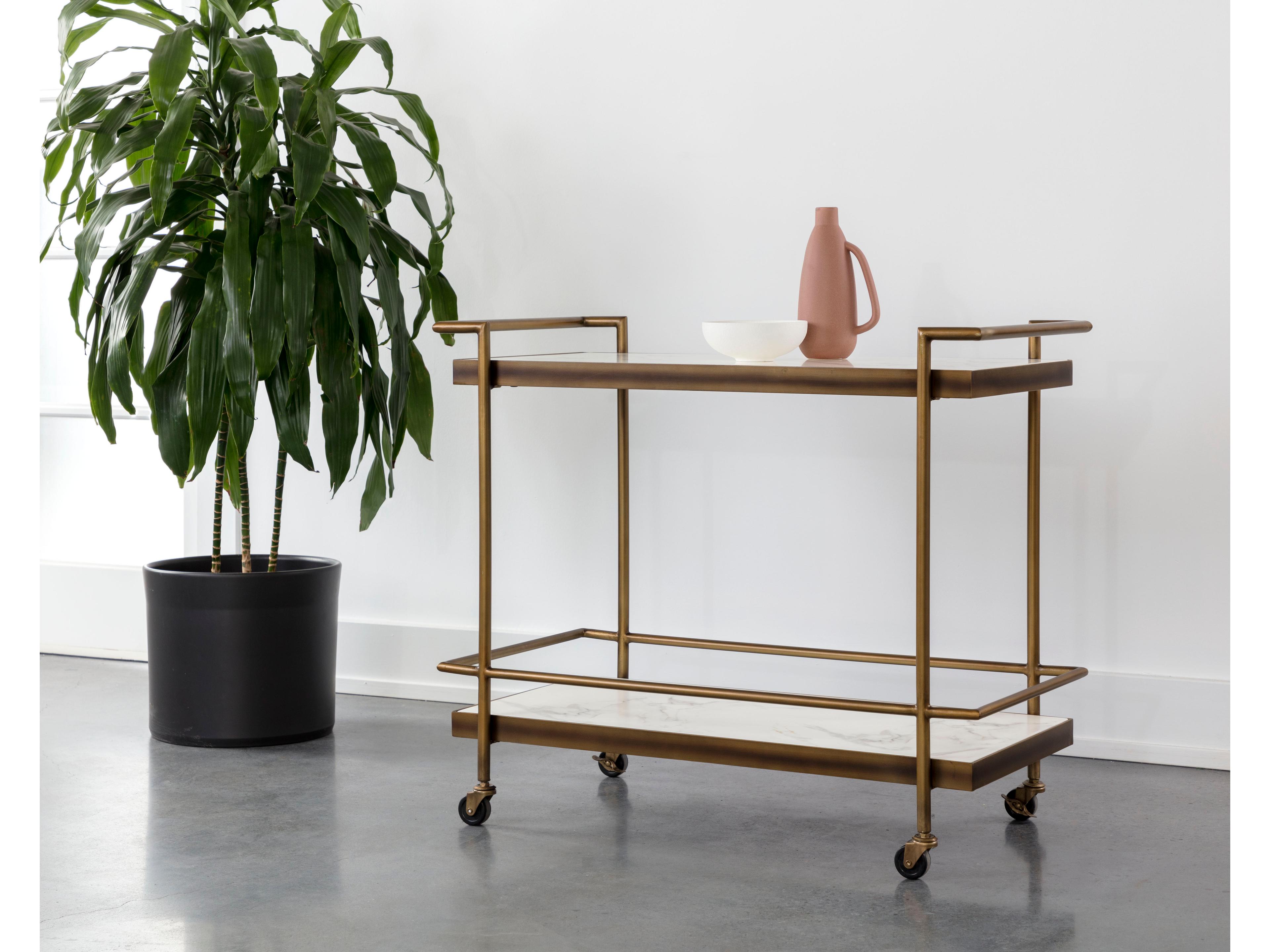 Sunpan Contardi Marble White Rustic Bronze Bar Cart