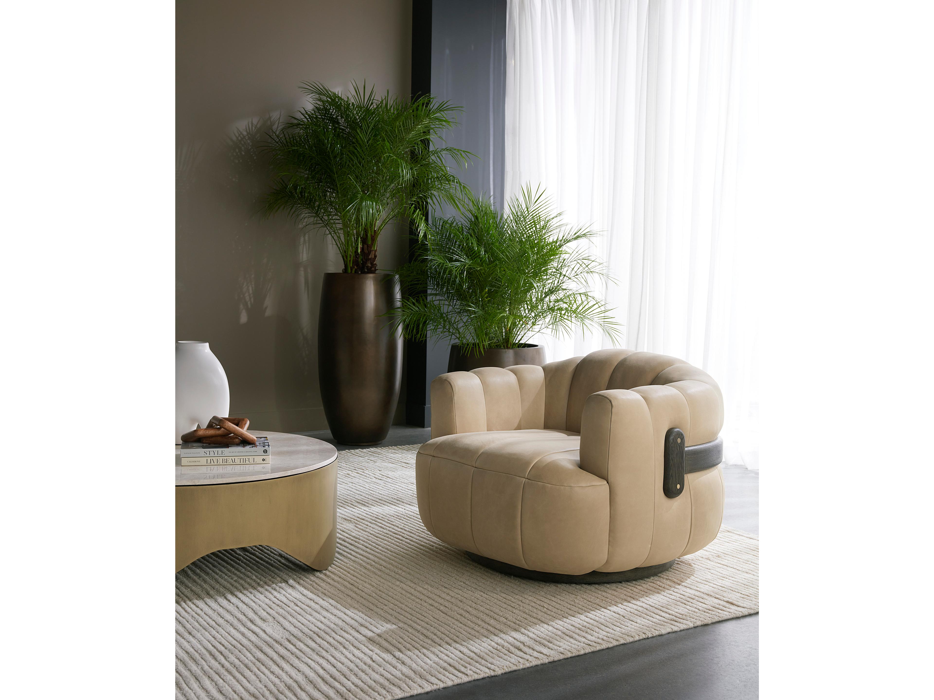 Sunpan Tadeo Swivel Beige Leather Accent Chair
