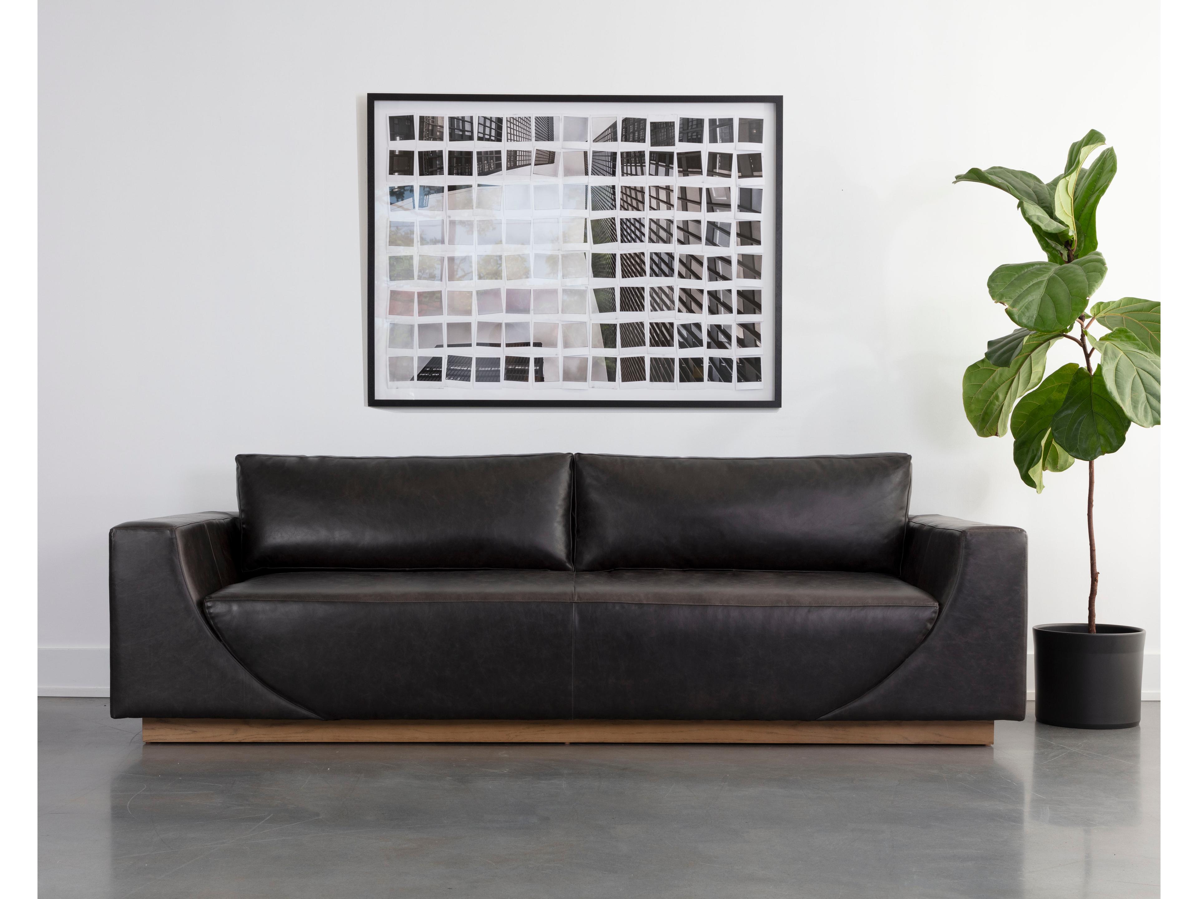 Sunpan Anakin Sofa in Light Oak in Tuscany Warm Black Leather