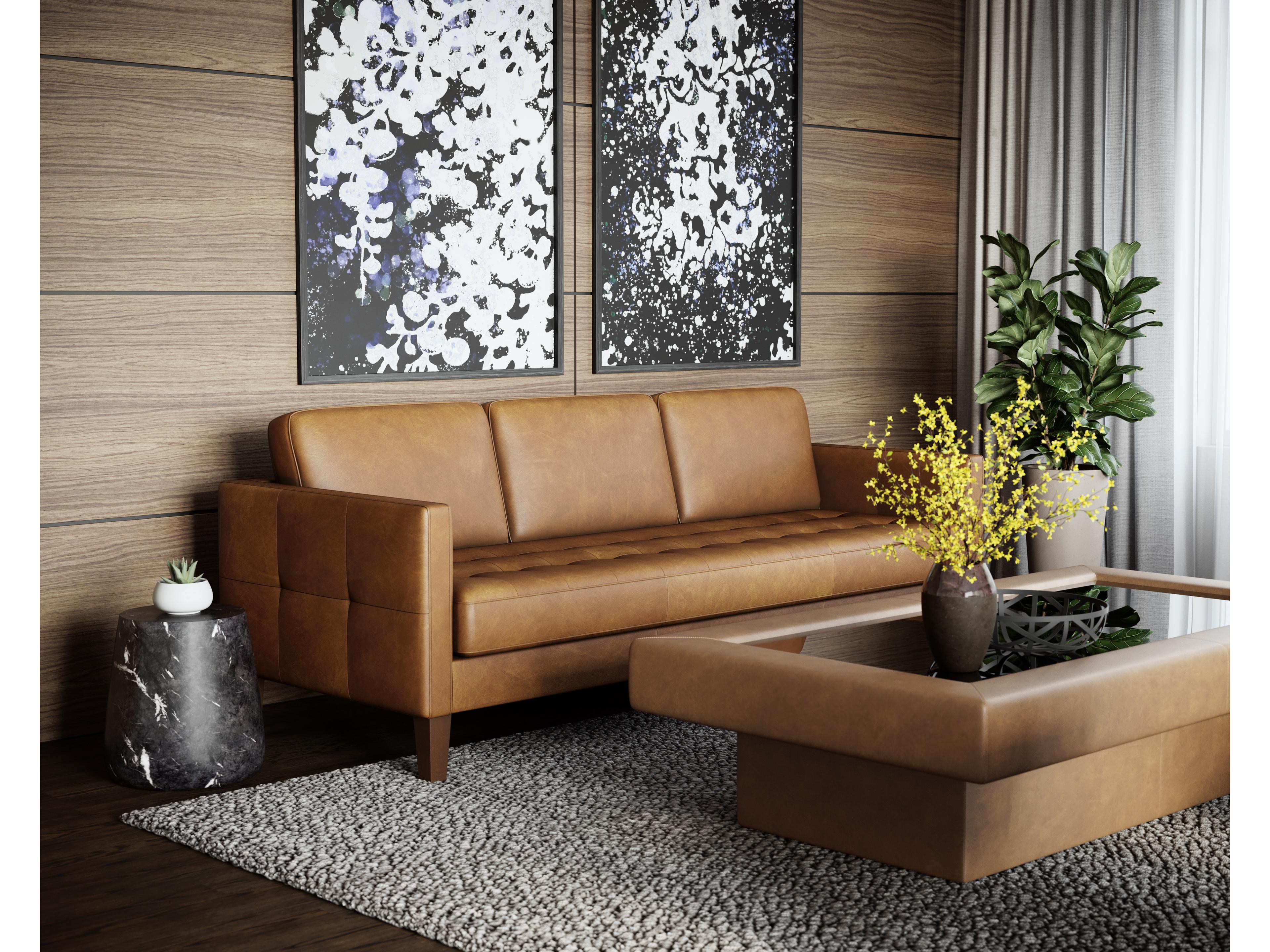 Sunpan Karmelo Cognac Leather Brown Upholstered Sofa