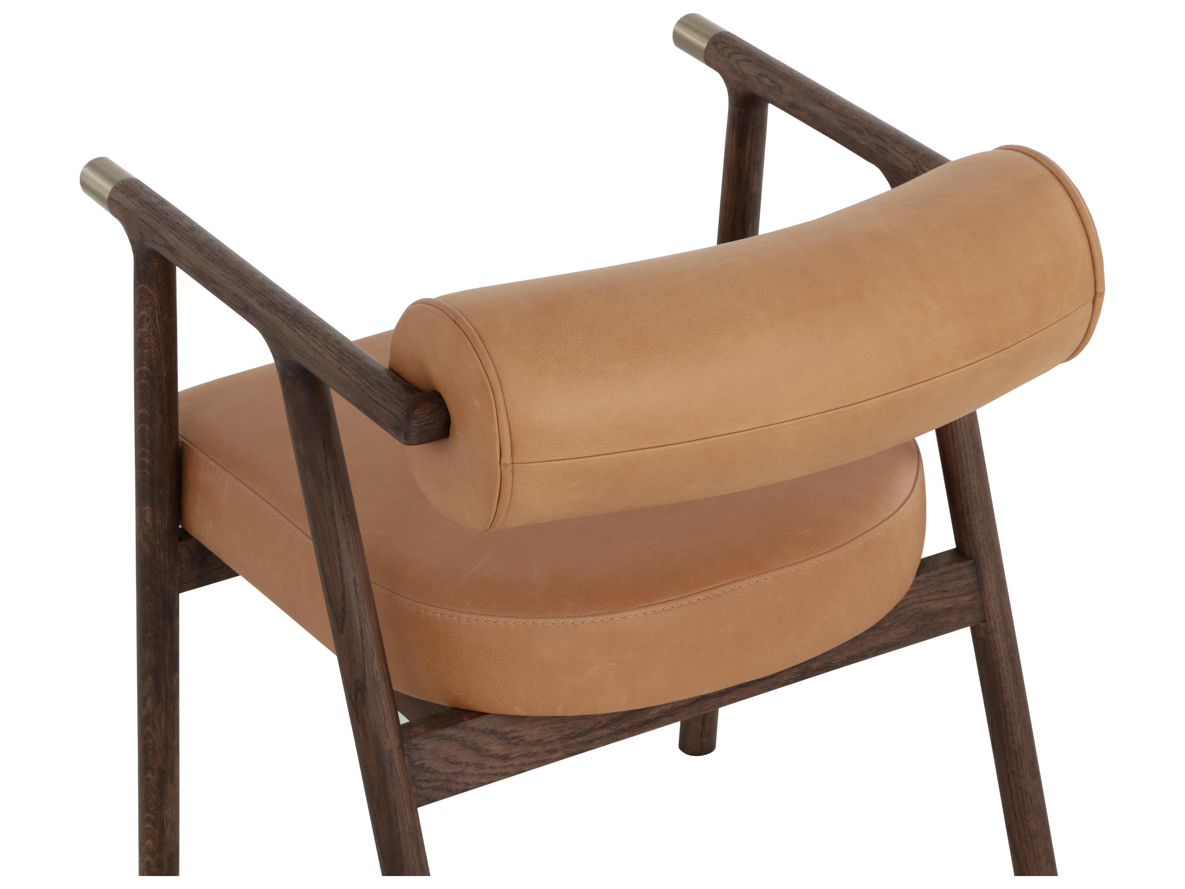Sunpan Sova Oak Wood Brown Leather Arm Dining Chair