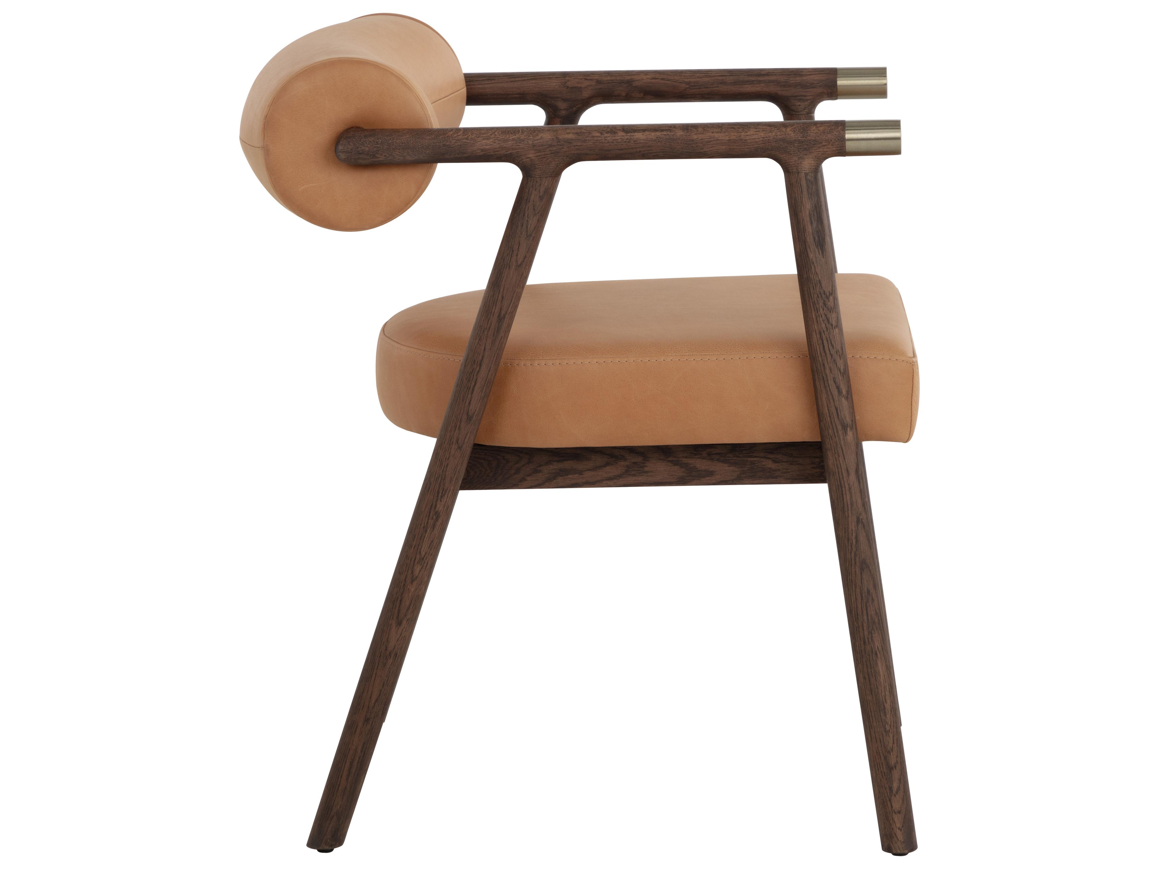 Sunpan Sova Oak Wood Brown Leather Arm Dining Chair