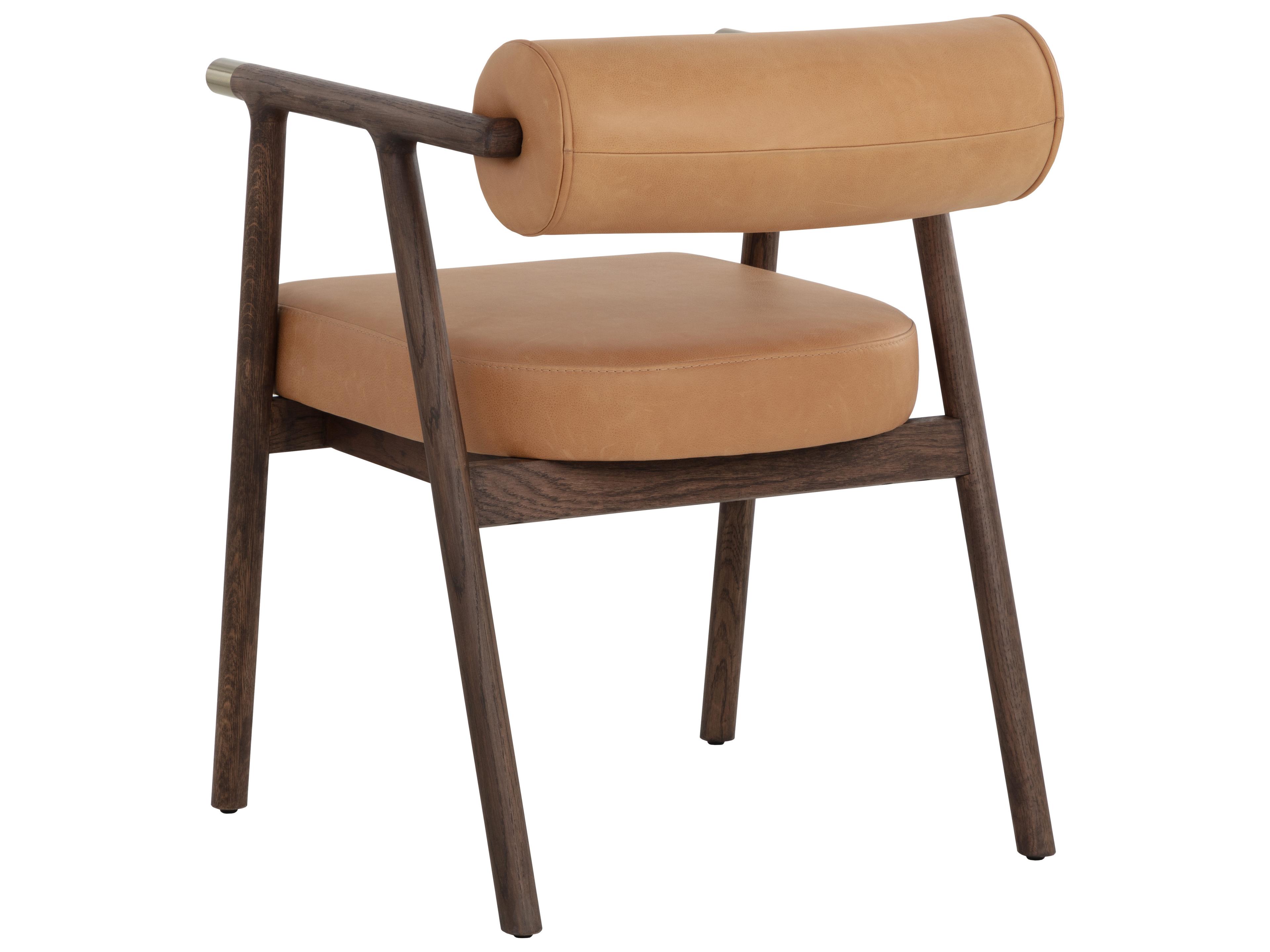 Sunpan Sova Oak Wood Brown Leather Arm Dining Chair