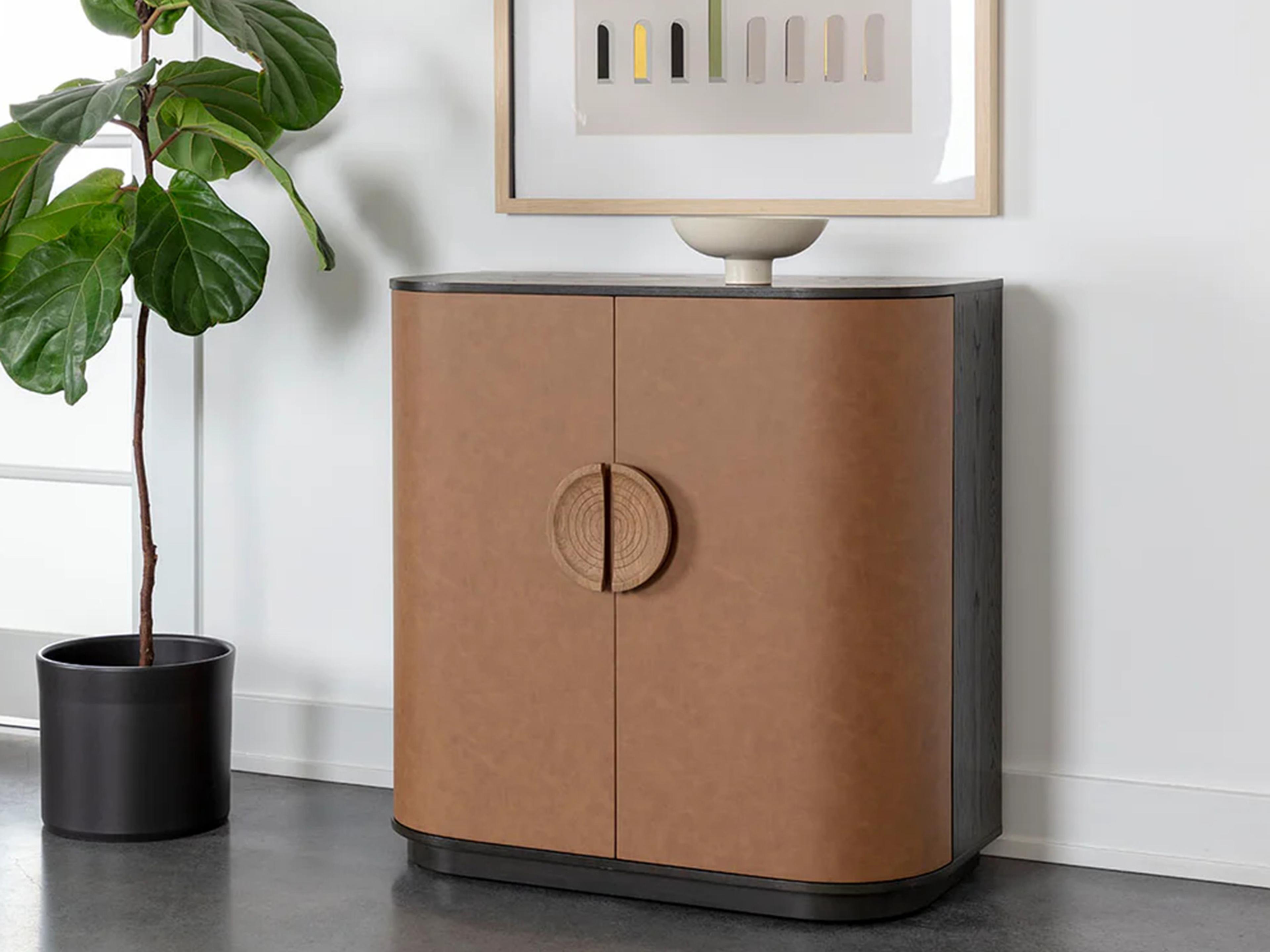 Sunpan Dresden Brown Oak Wood Smoke Grey Bar Cabinet