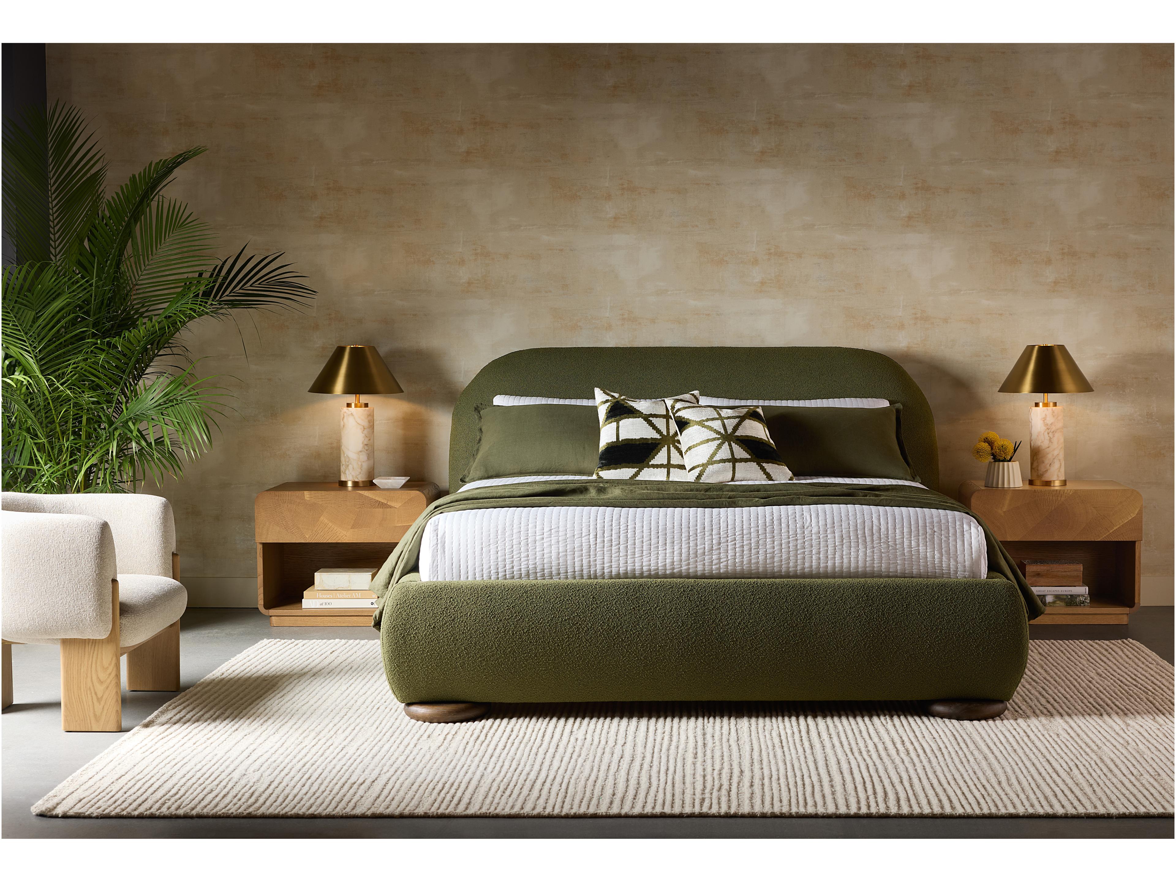 Sunpan Marin Green Oak Wood Upholstered King Platform Bed
