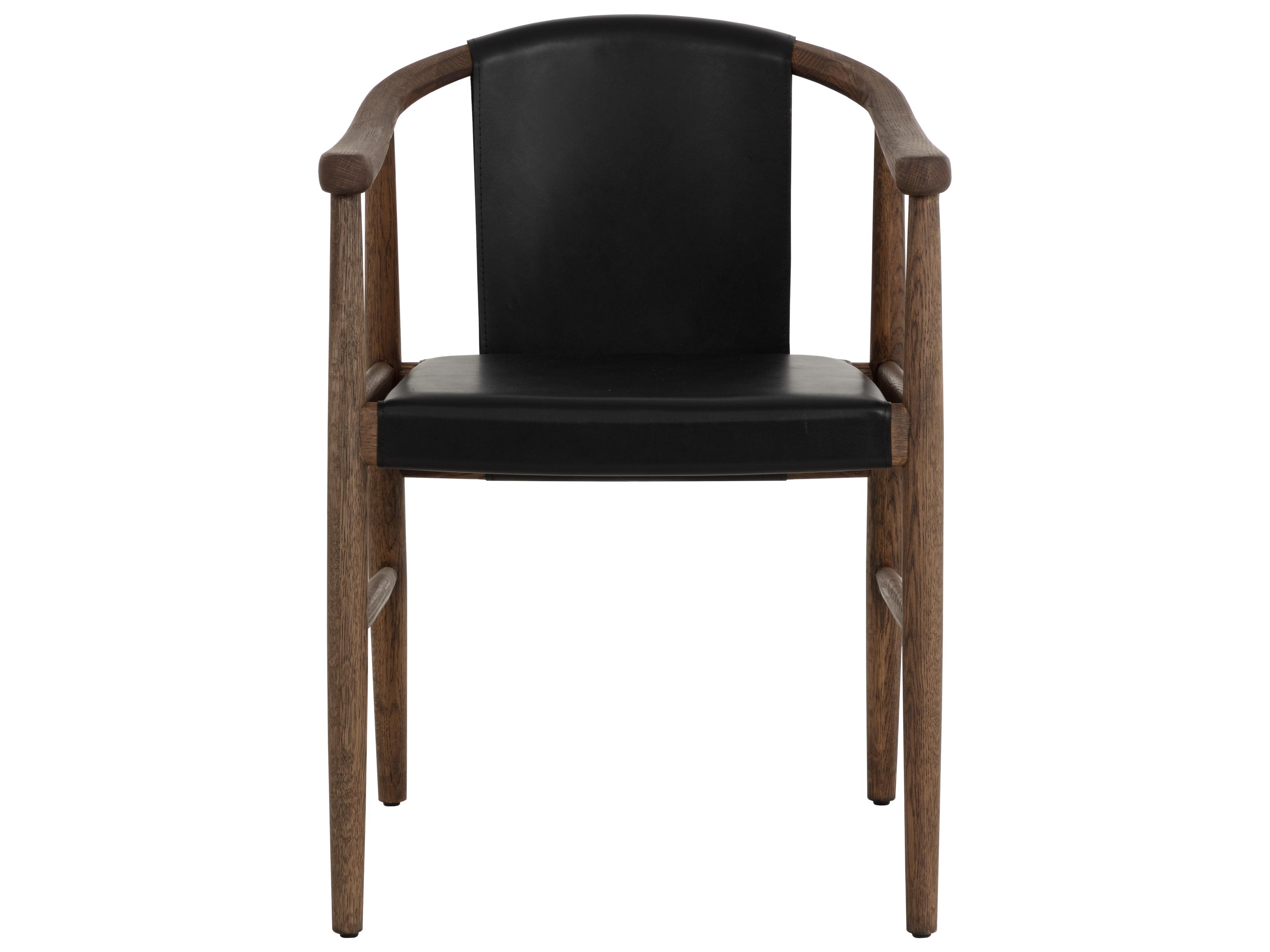 Sunpan Aran Oak Wood Black Leather Arm Dining Chair