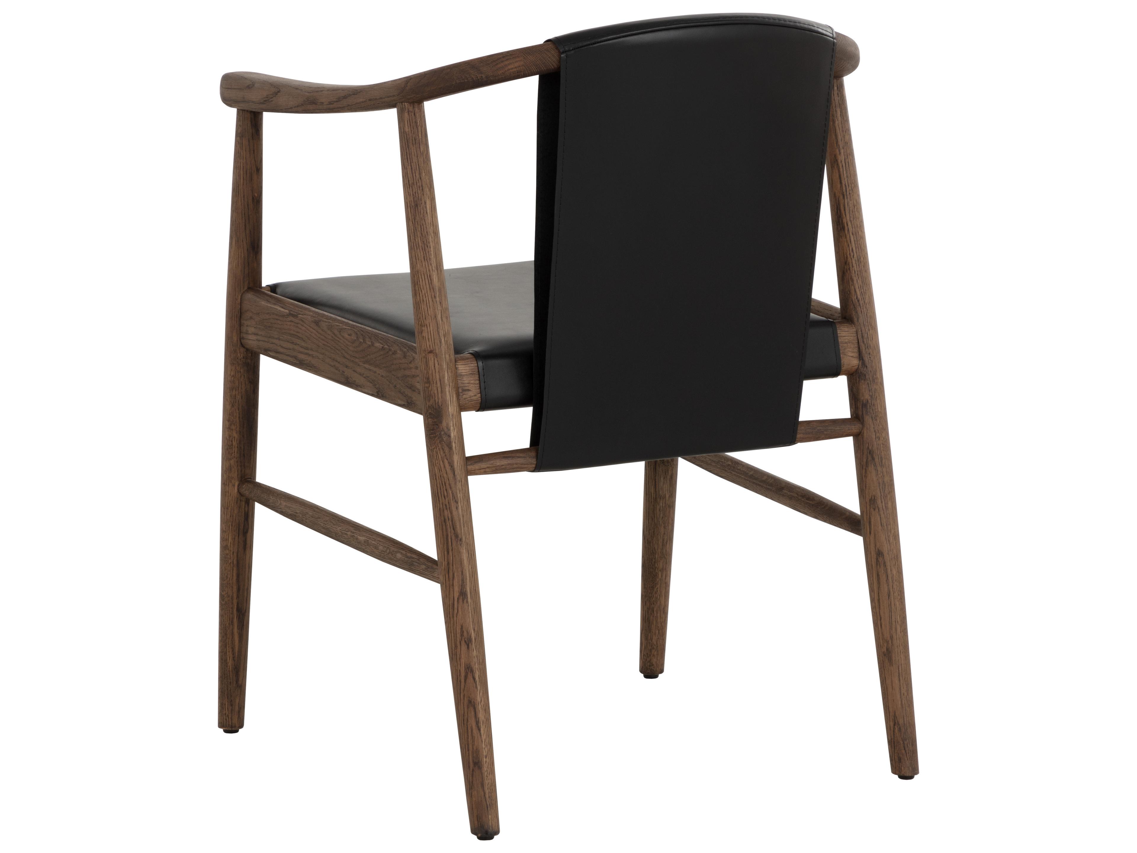 Sunpan Aran Oak Wood Black Leather Arm Dining Chair
