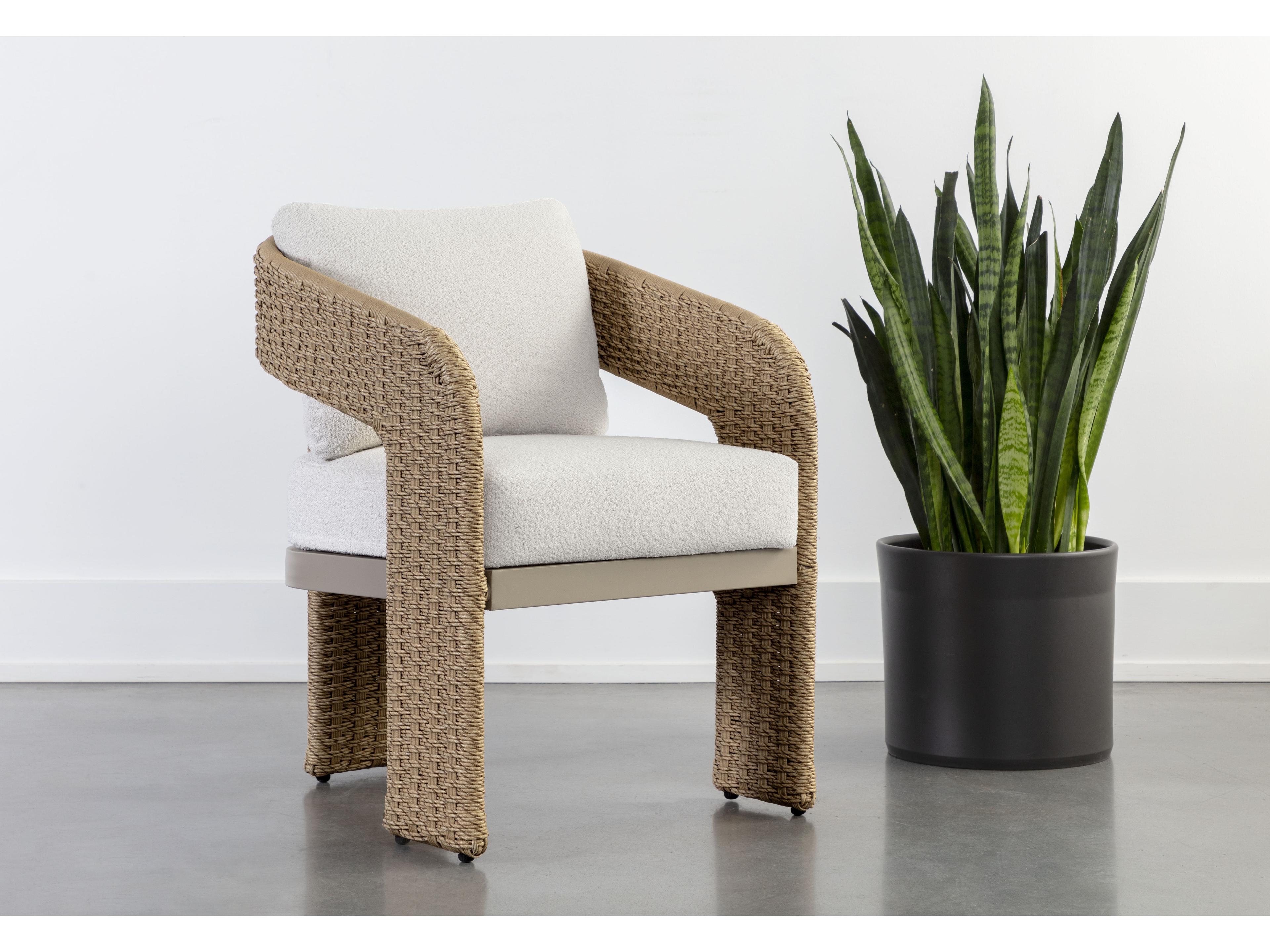 Sunpan Outdoor Pylos Wicker Natural Dining Arm Chair in Louis Cream