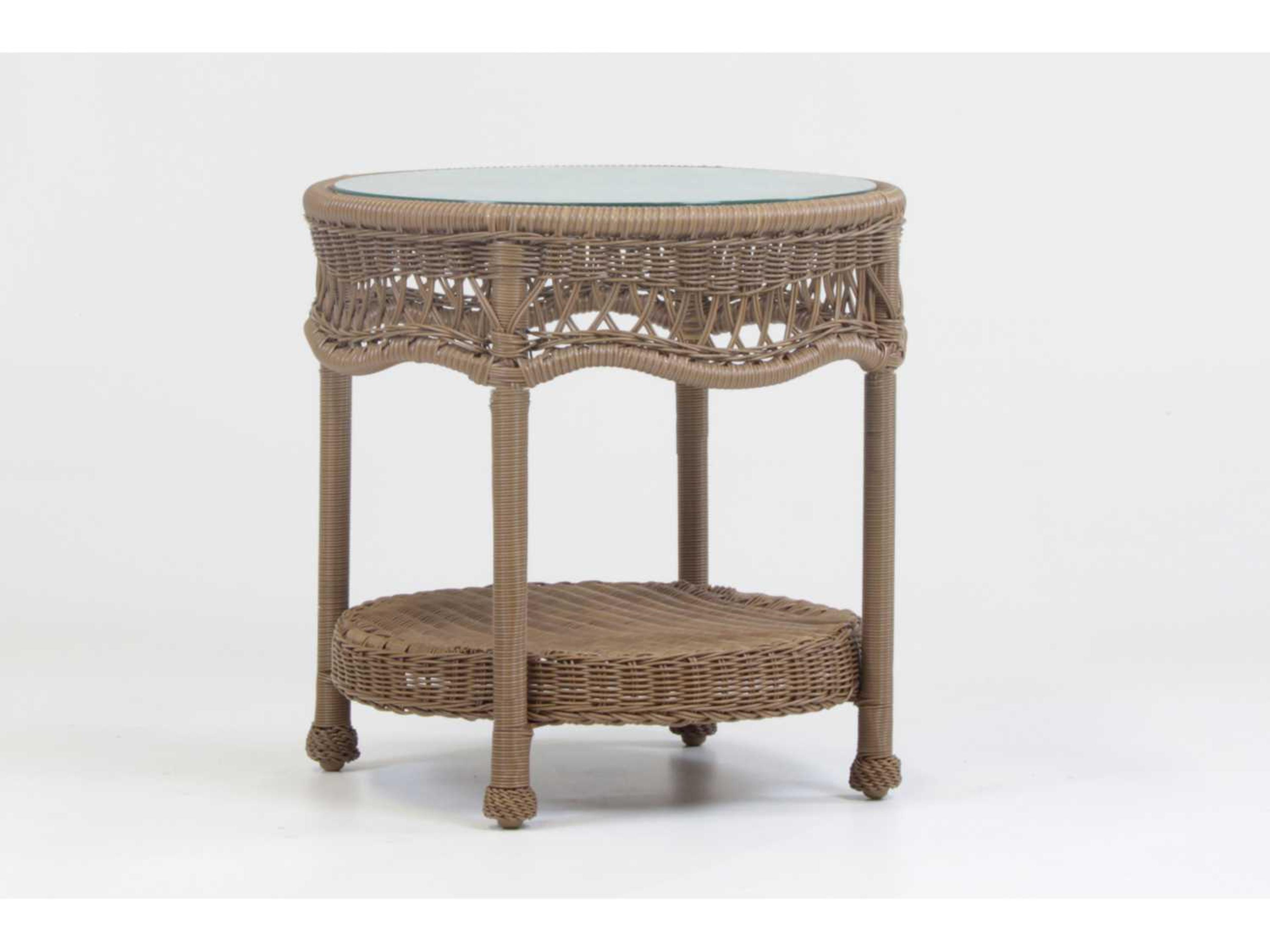 Riviera Wicker Twig Oval Glass Top Patio End Table