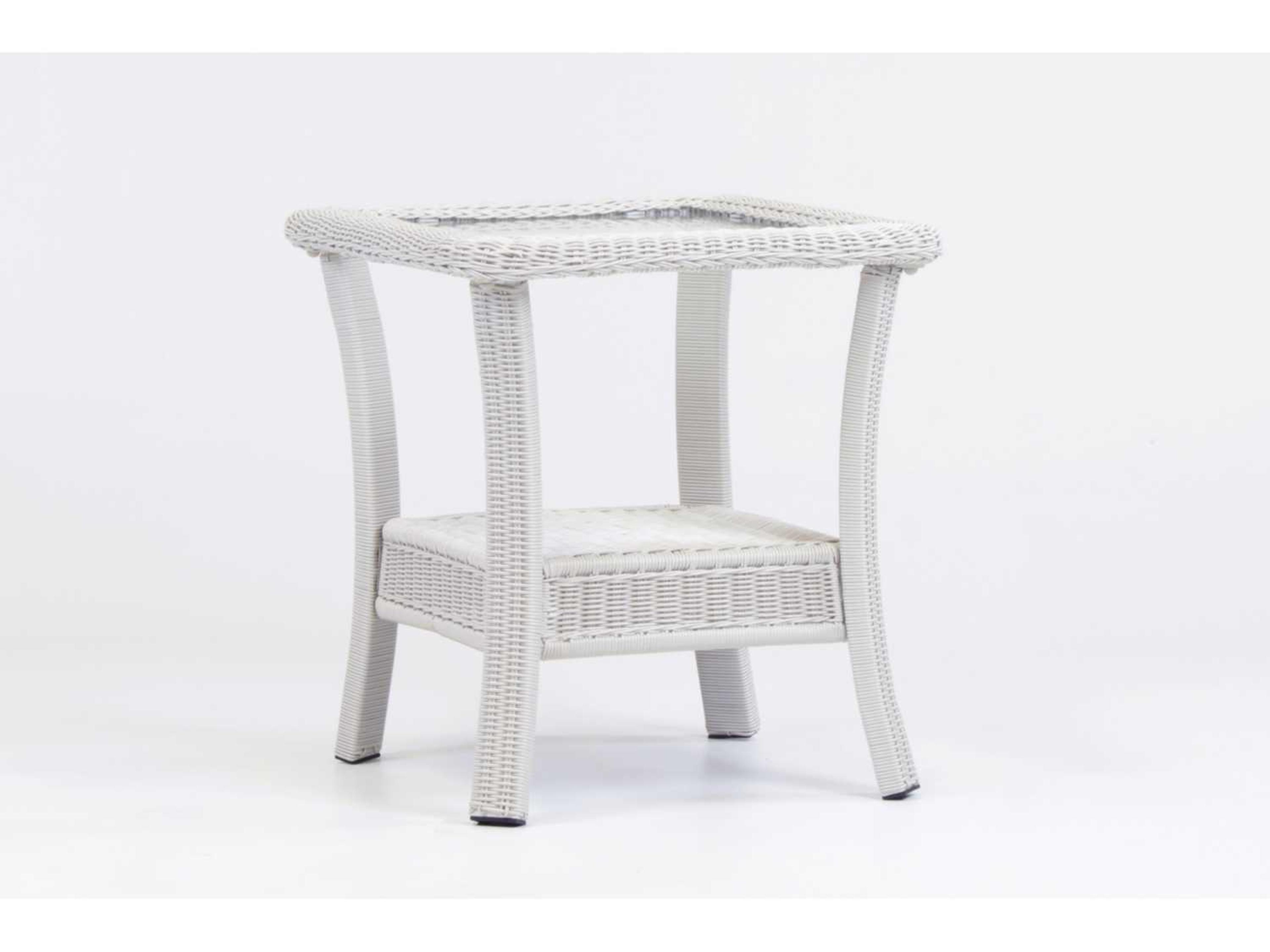 Monaco Wicker Rustic White Square Glass Top Outdoor Patio End Table