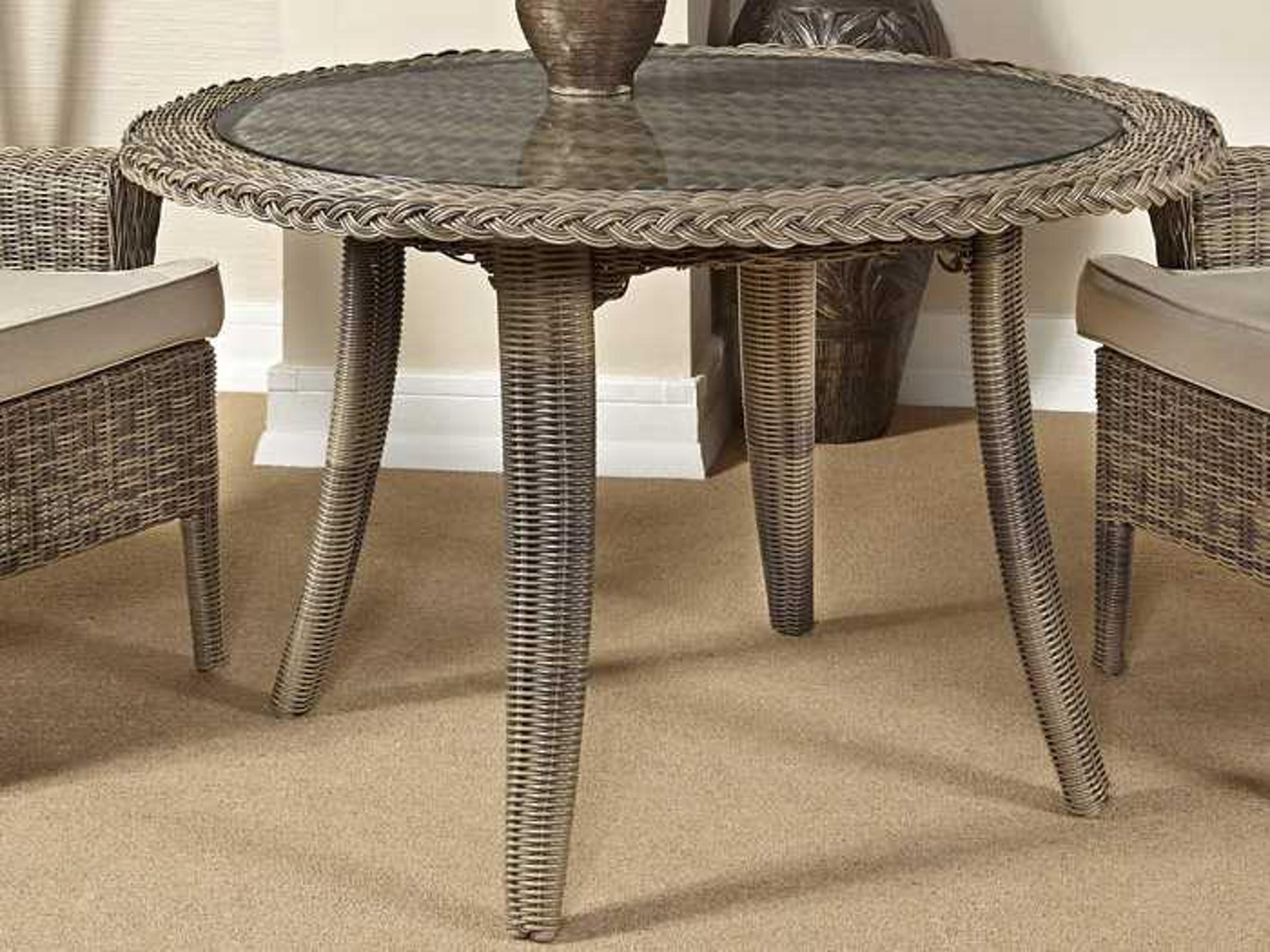 Provence Wicker Grey Patina Round Glass Top Outdoor Patio Dining Table