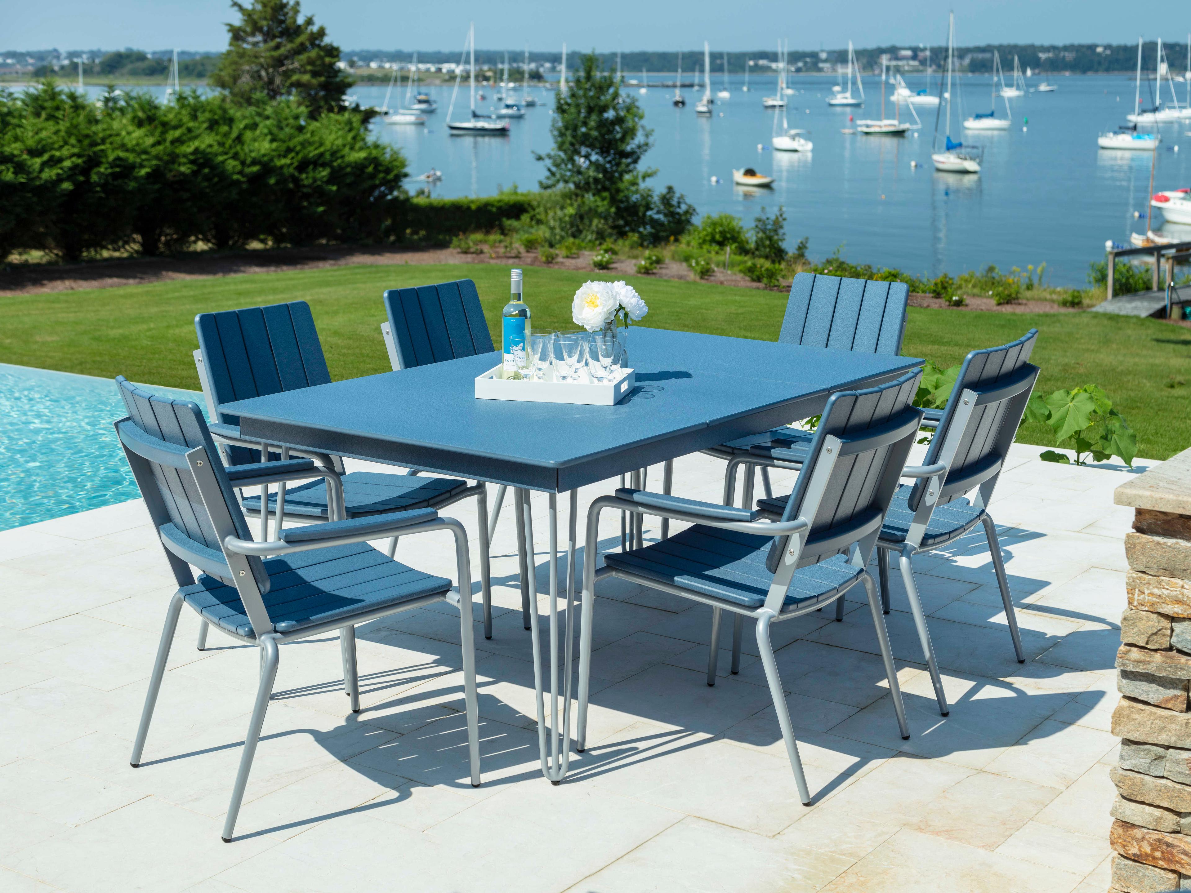 Seaside Casual Hip Aluminum Long Rectangular Outdoor Patio Dining Table with Umbrella Hole