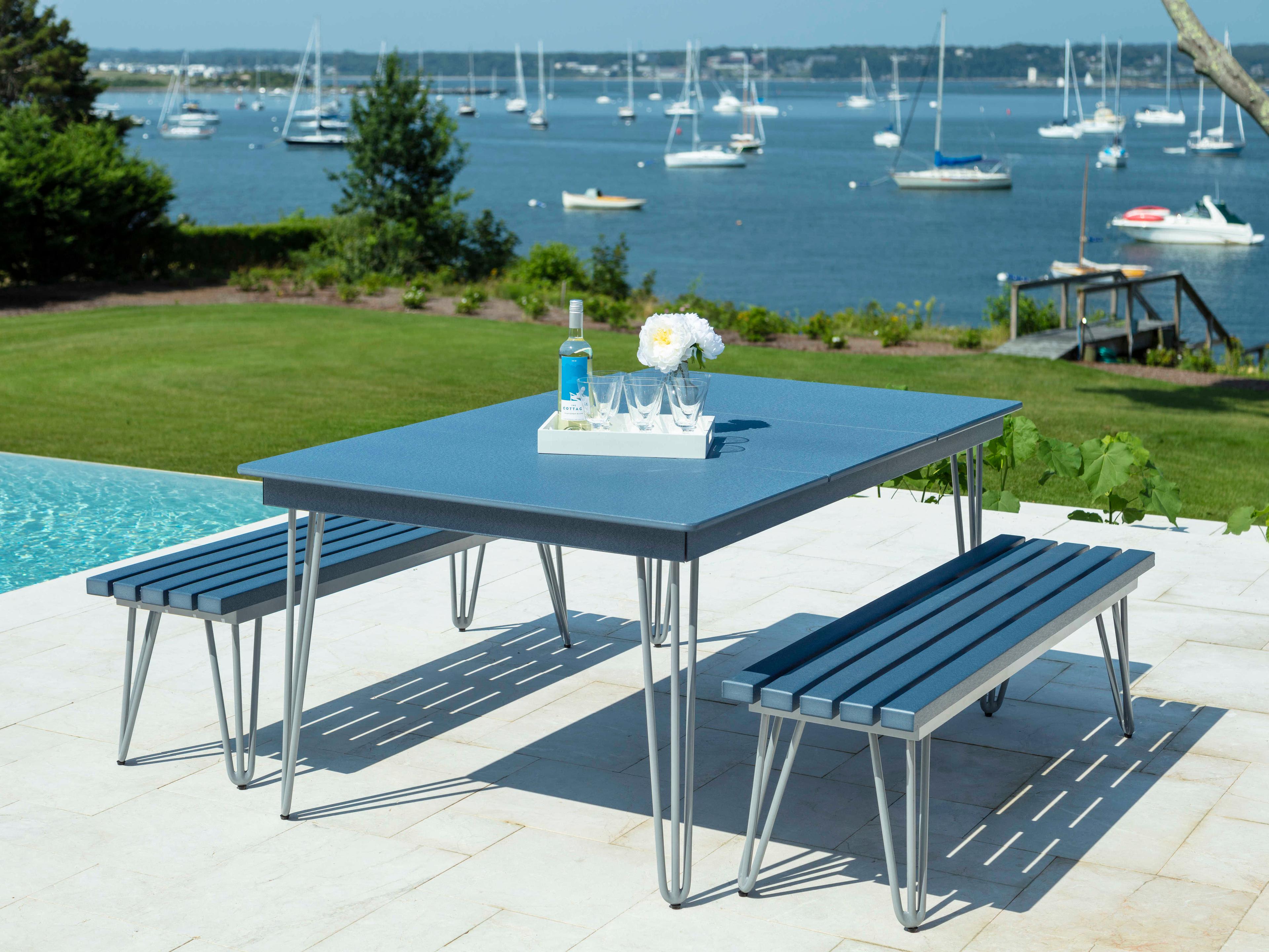 Seaside Casual Hip Aluminum Long Rectangular Outdoor Patio Dining Table with Umbrella Hole