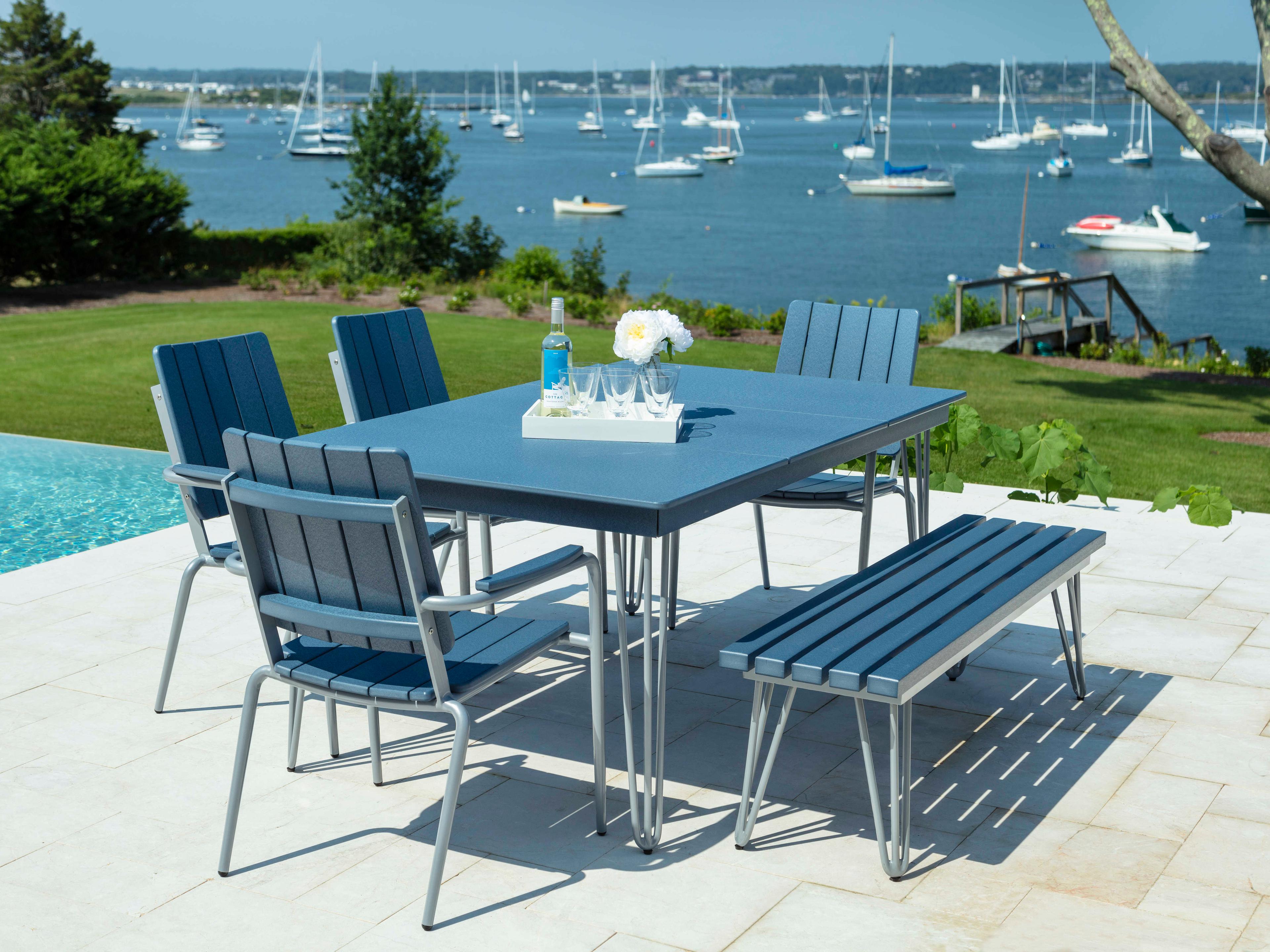 Seaside Casual Hip Aluminum Long Rectangular Outdoor Patio Dining Table with Umbrella Hole