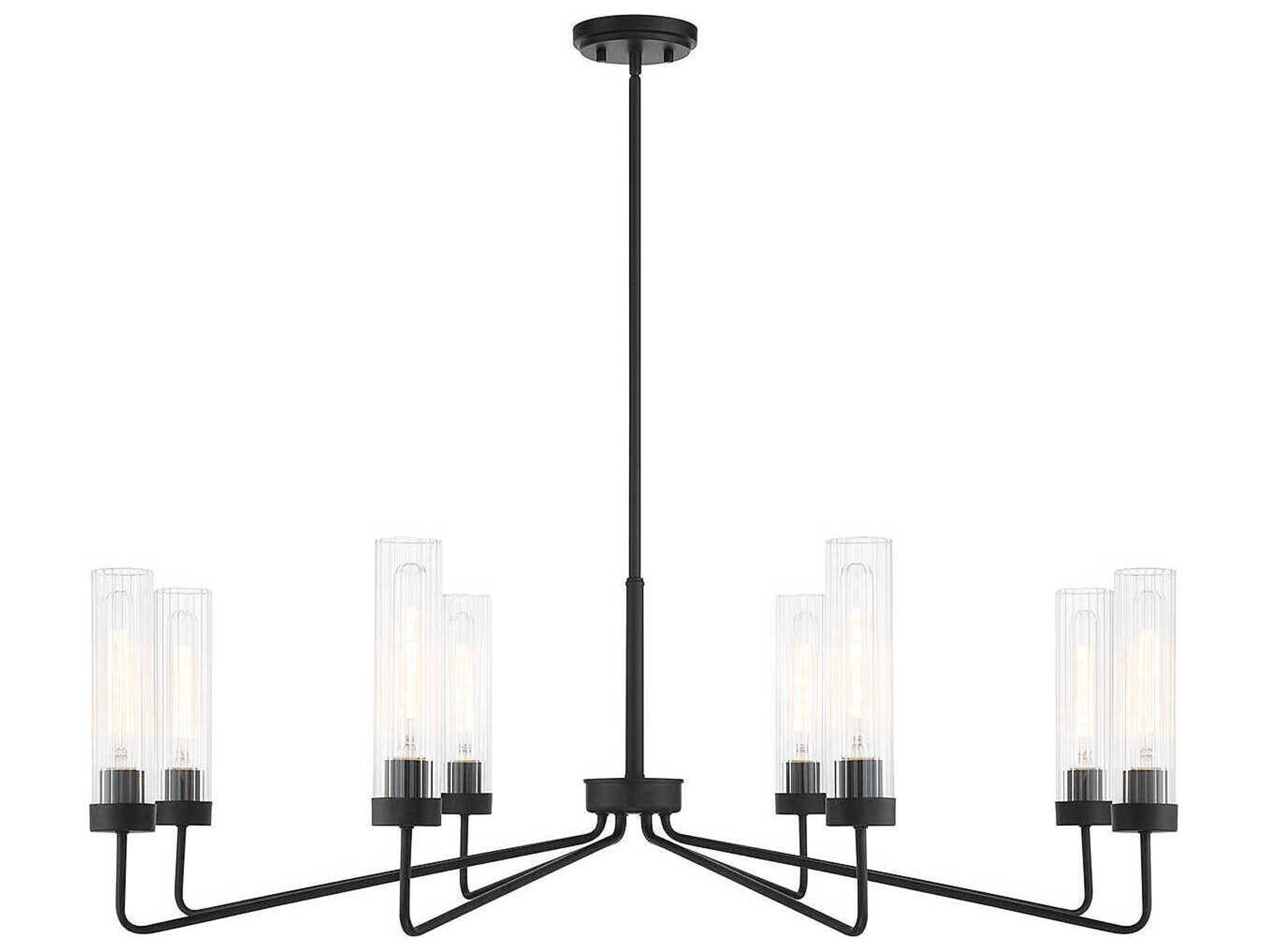 8-Light Baker Chandelier in Matte Black with Clear Ribbed Glass
