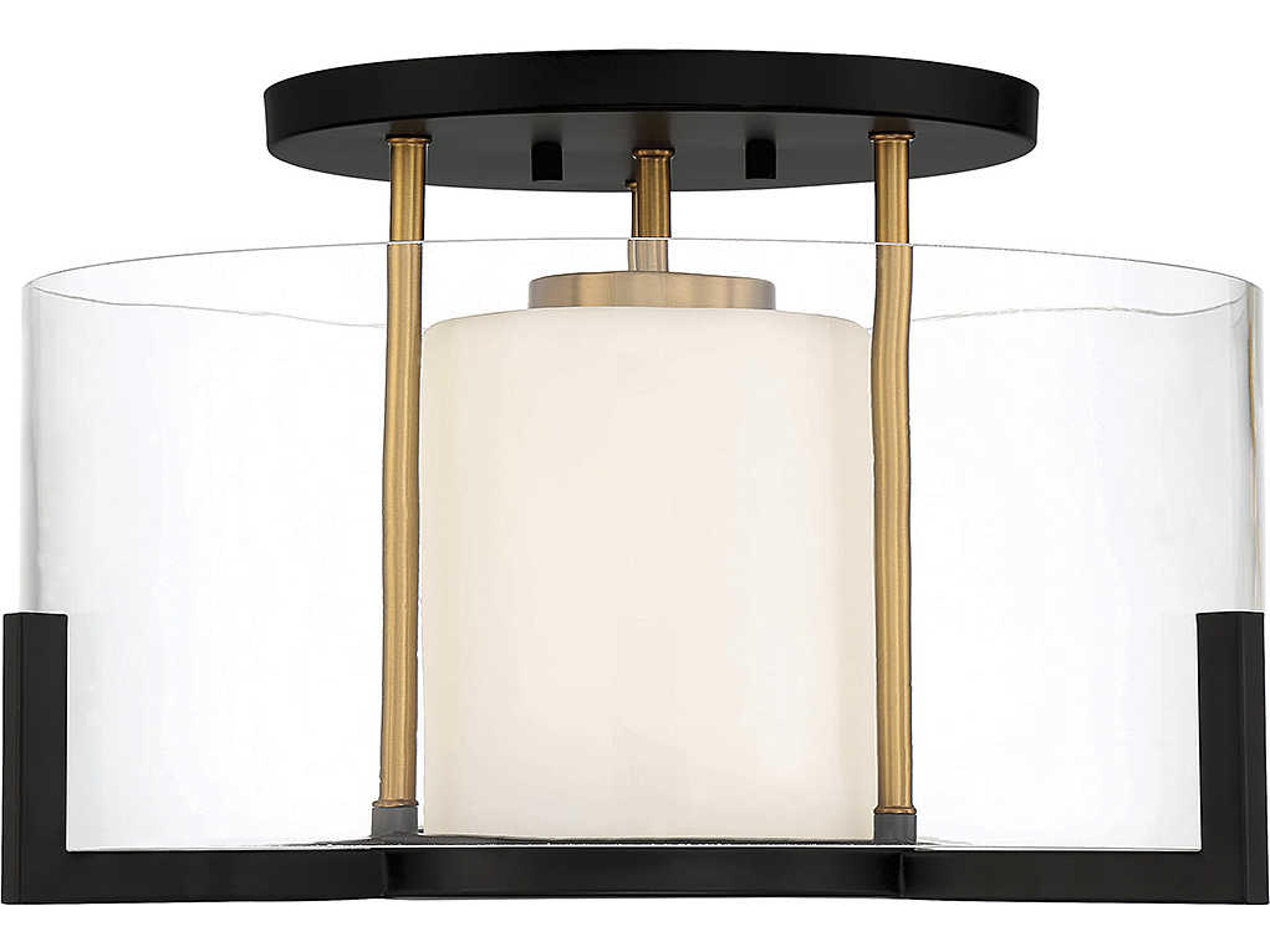 Eaton 1-Light Matte Black Warm Brass Glass Round Semi Flush Mount