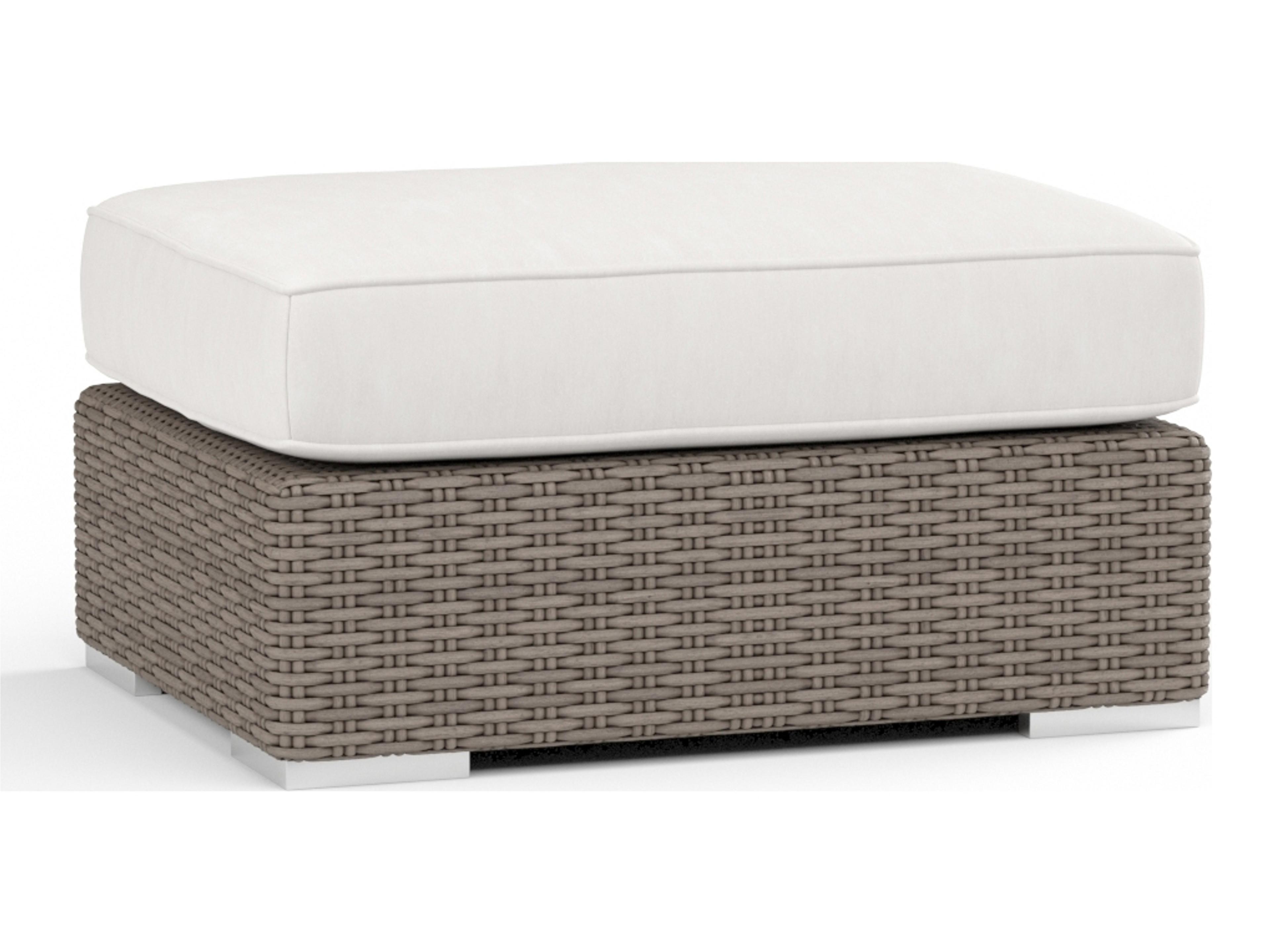 Sunset West Coronado Wicker Driftwood Outdoor Patio Ottoman in Canvas Flax with Self Welt