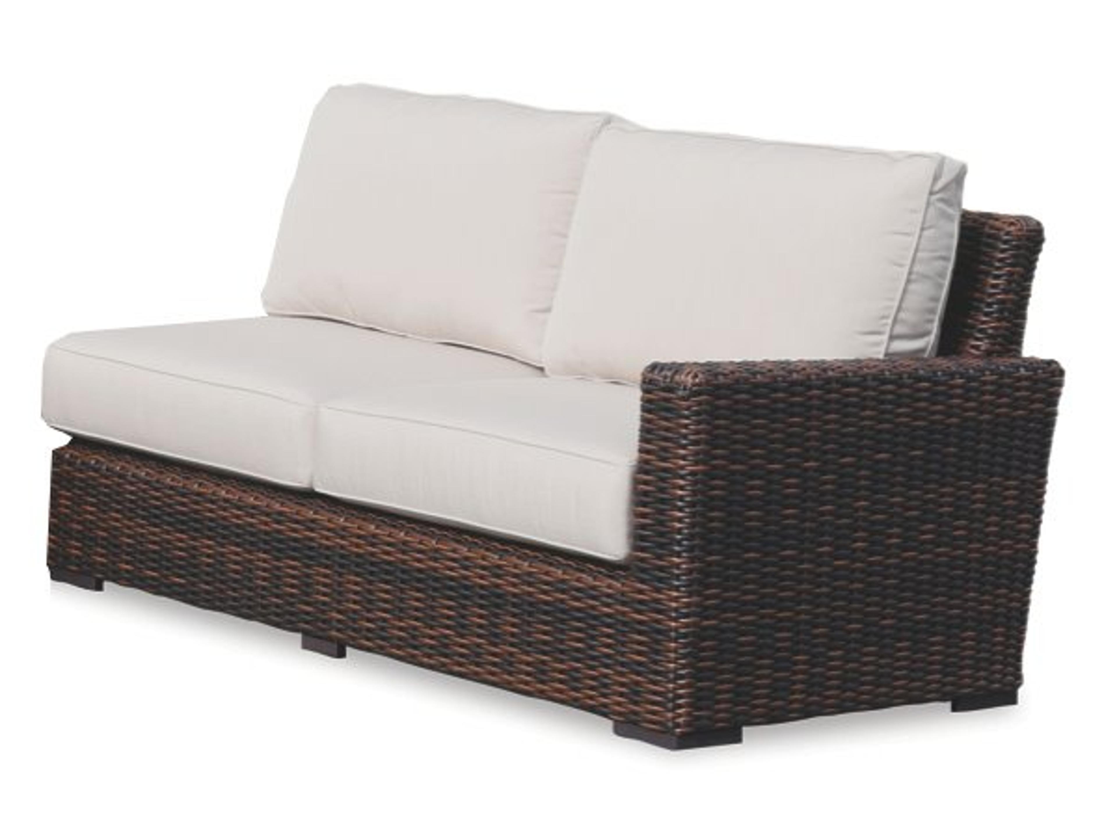 Montecito Wicker Tobacco & Cognac Right Arm Patio Loveseat in Canvas Flax with Self Welt