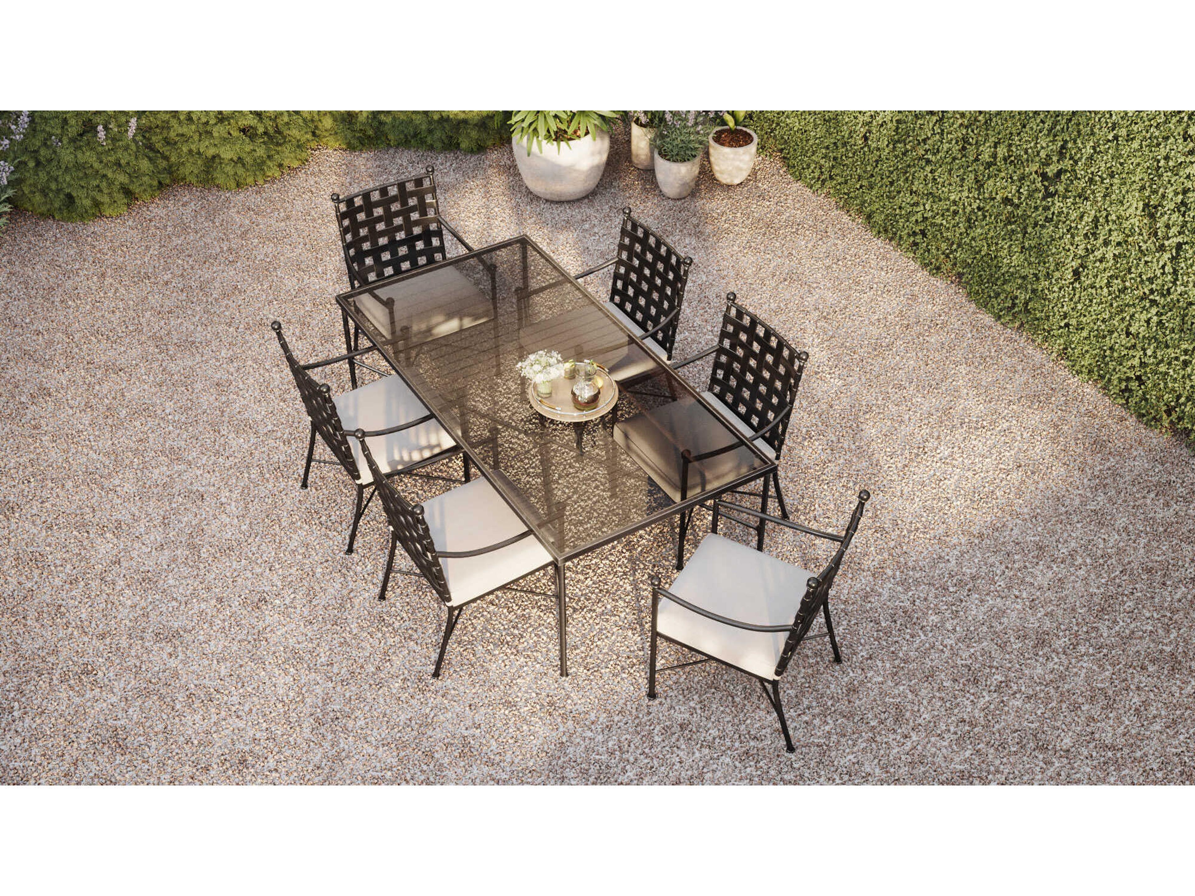 Sunset West Provence Pewter Wrought Iron Cushion Dining Chair in Sunbrella Canvas Natural Fabric w/ Contrast Spectrum Carbon Welt