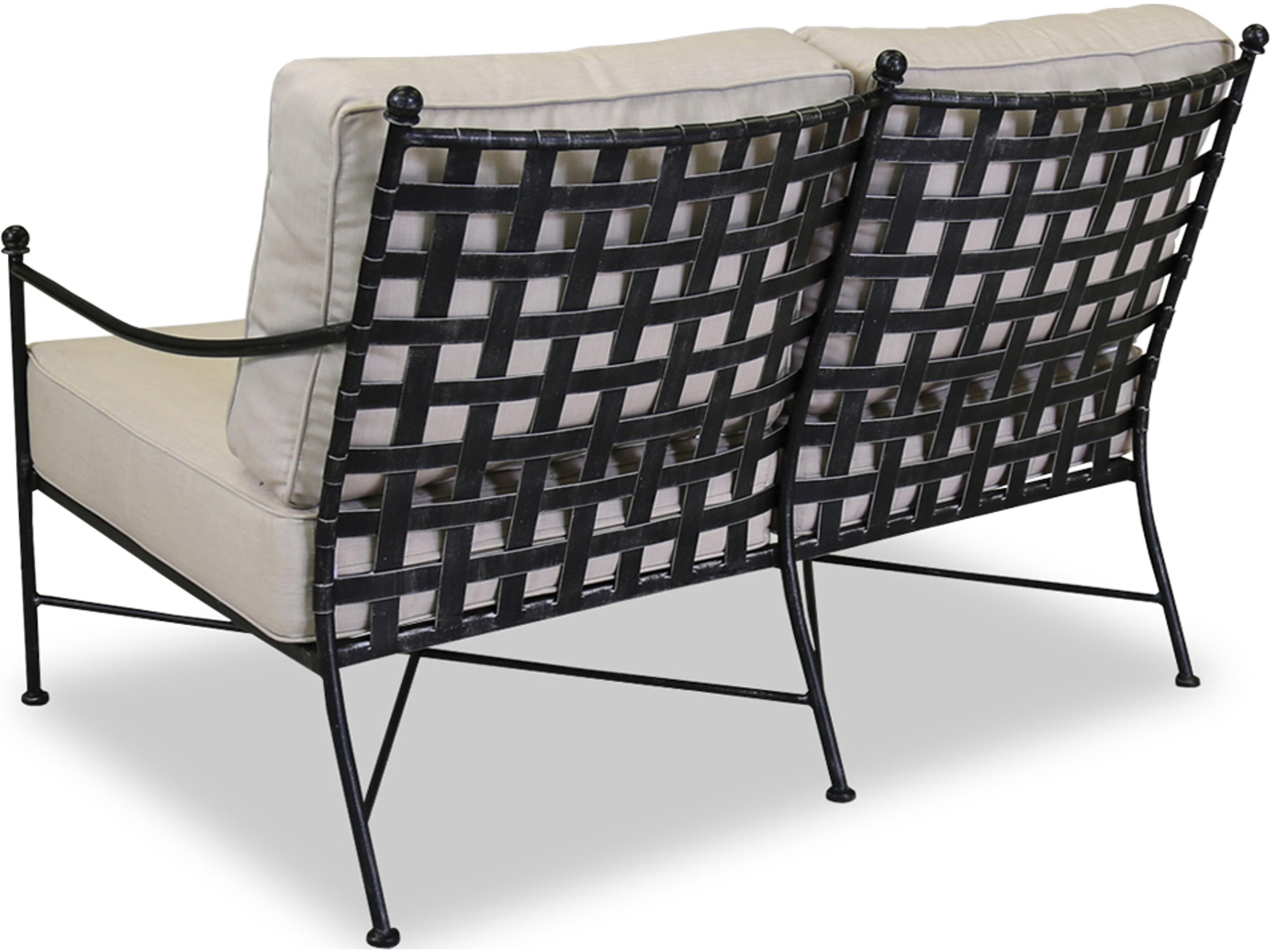 Sunset West Provence Wrought Iron Outdoor Loveseat in Canvas Flax with Self Welt