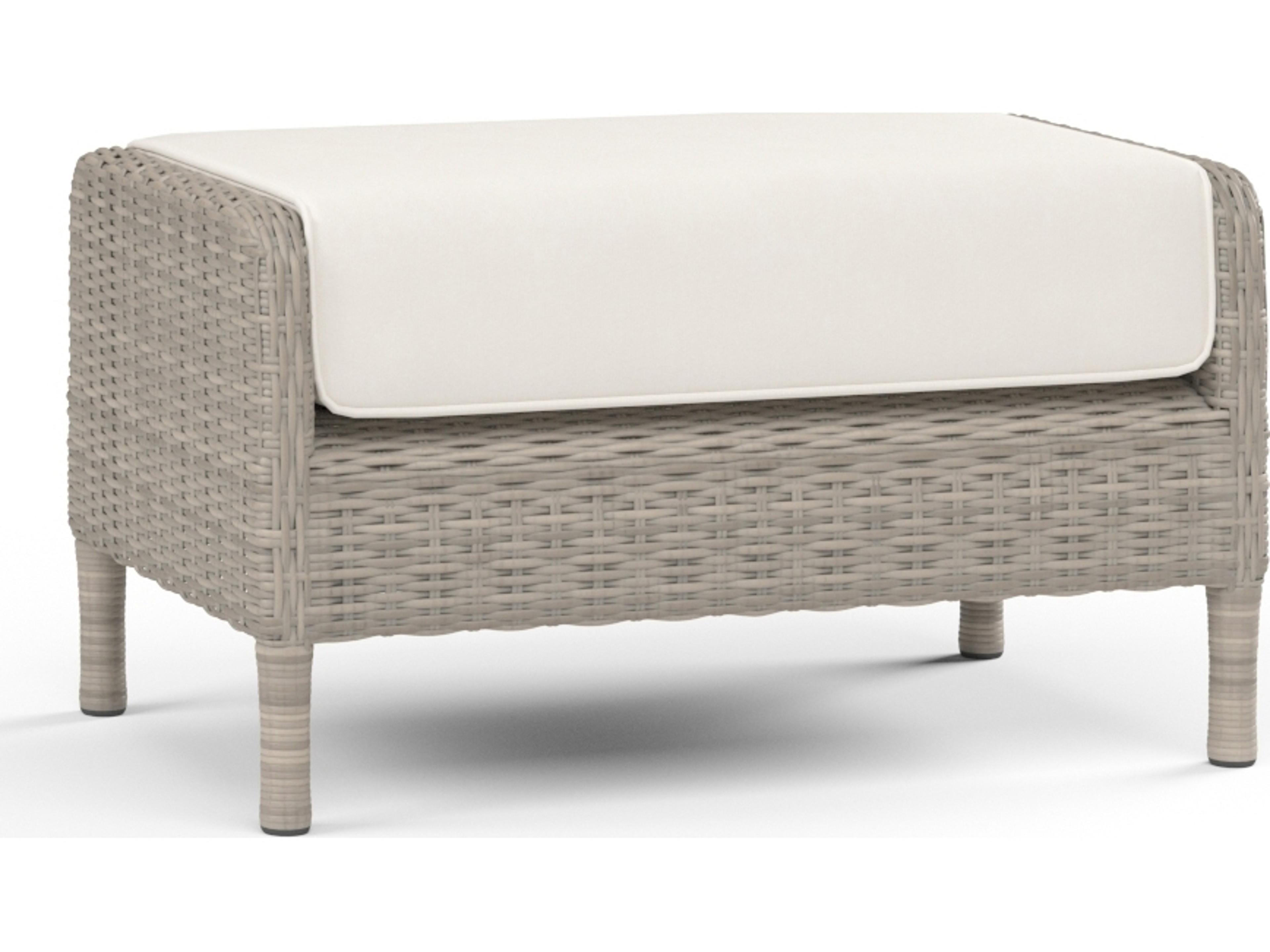 Sunset West Manhattan Wicker Outdoor Ottoman in Linen Canvas with Self Welt
