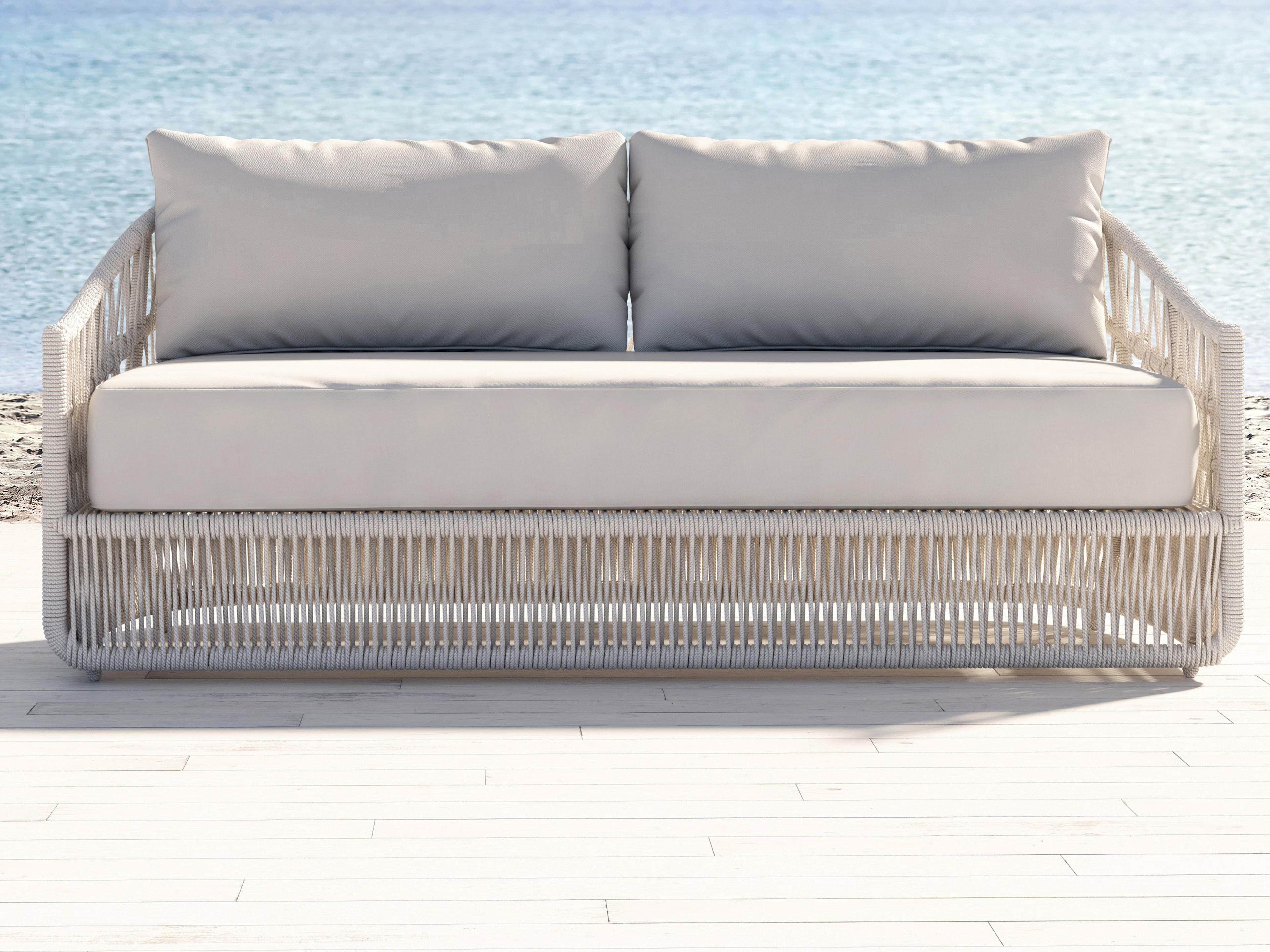 Sunset West Dana Wicker Cushion Outdoor Sofa in Linen Canvas with Self Welt