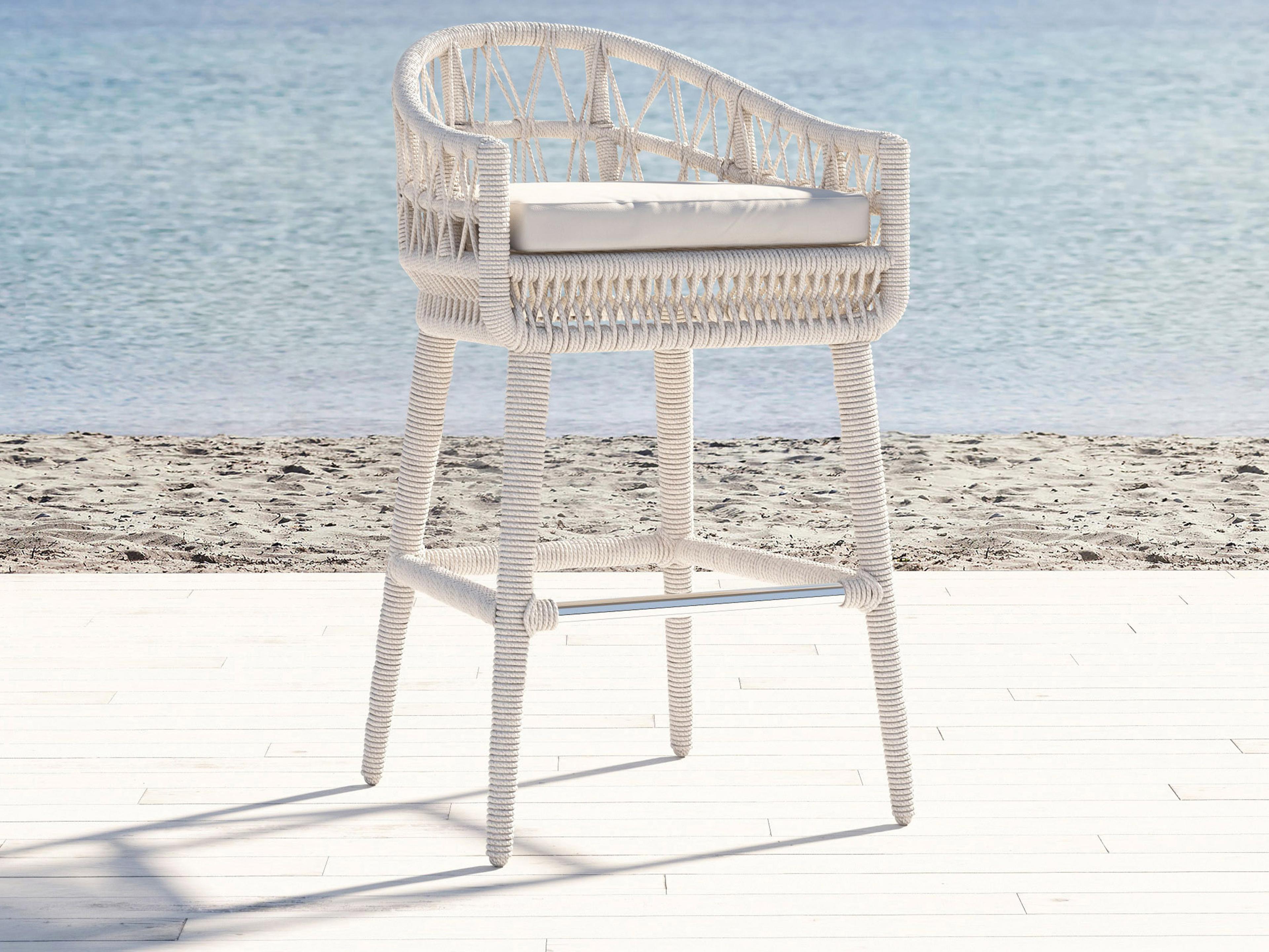 Sunset West Dana Wicker Cushion Outdoor Bar Stool in Linen Canvas with Self Welt