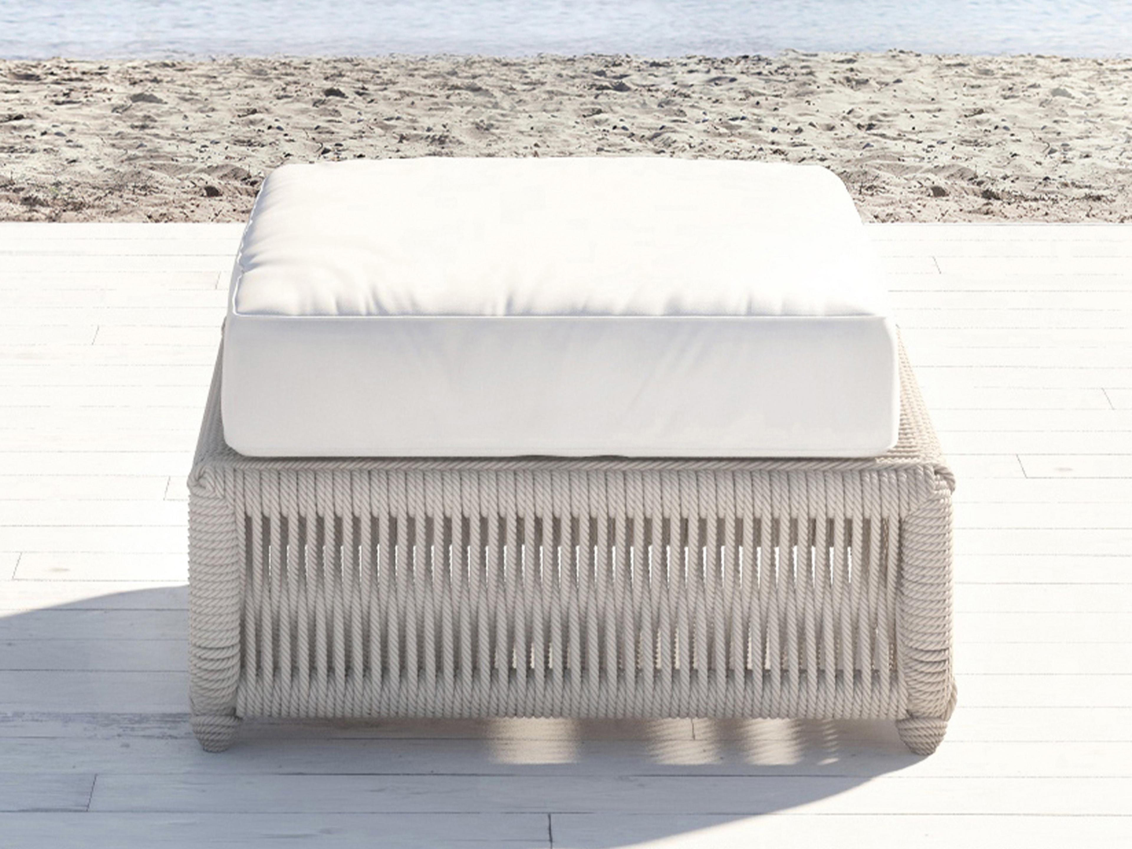 Sunset West Dana Wicker Cushion Outdoor Patio Ottoman in Linen Canvas with Self Welt