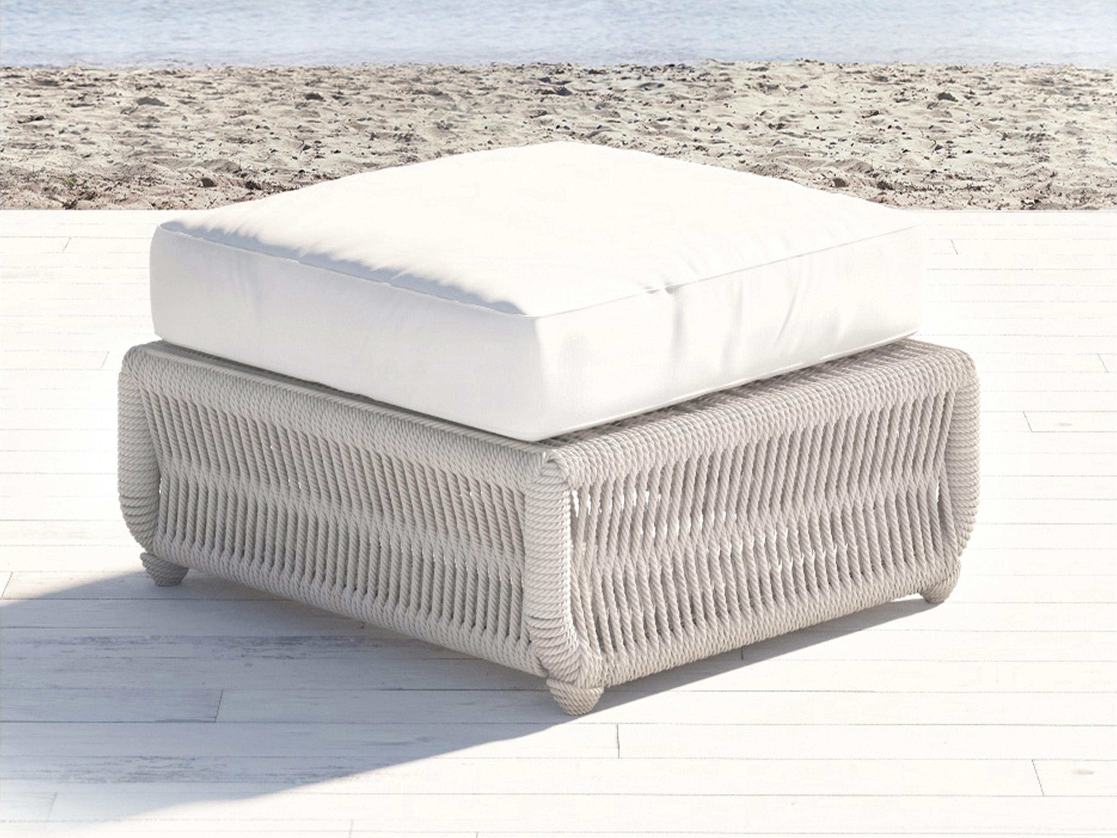 Sunset West Dana Wicker Cushion Outdoor Patio Ottoman in Linen Canvas with Self Welt