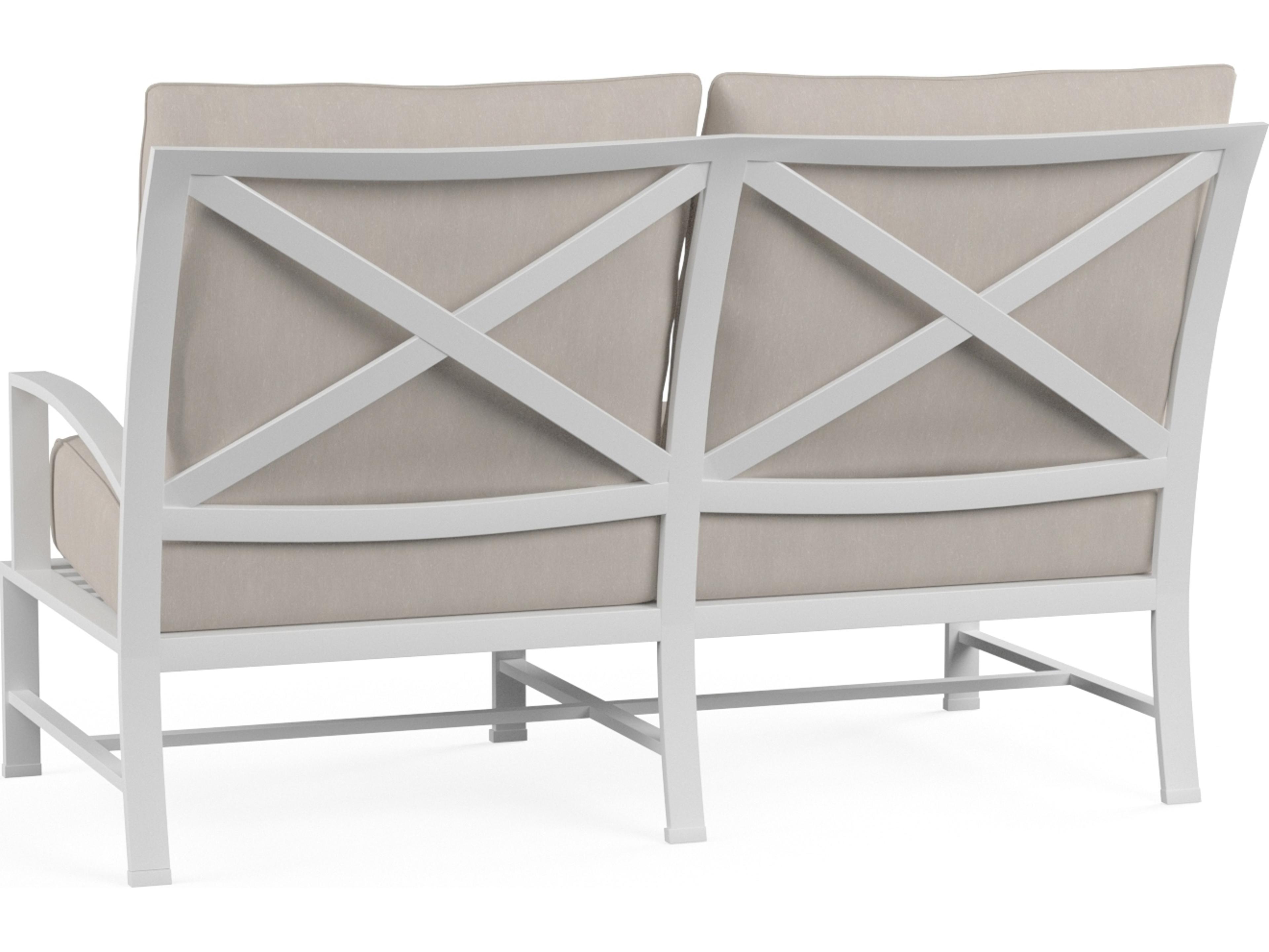 Sunset West Bristol Aluminum Frost Swivel Outdoor Loveseat in Canvas Flax with self welt