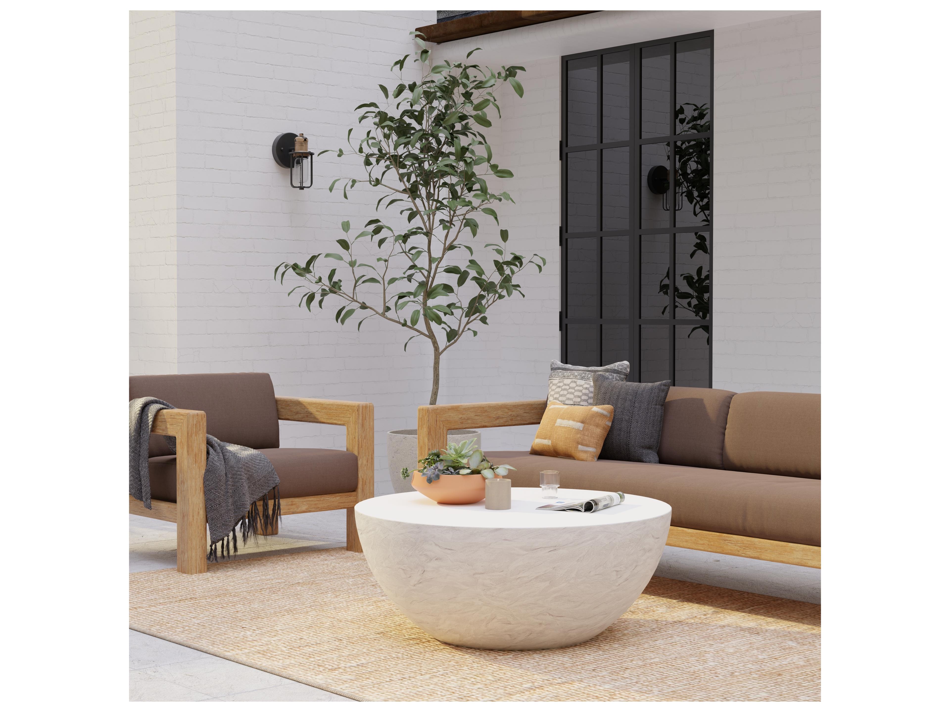 Sunset West Antique Stone Resin Bone White Round Bowl Outdoor Coffee Table