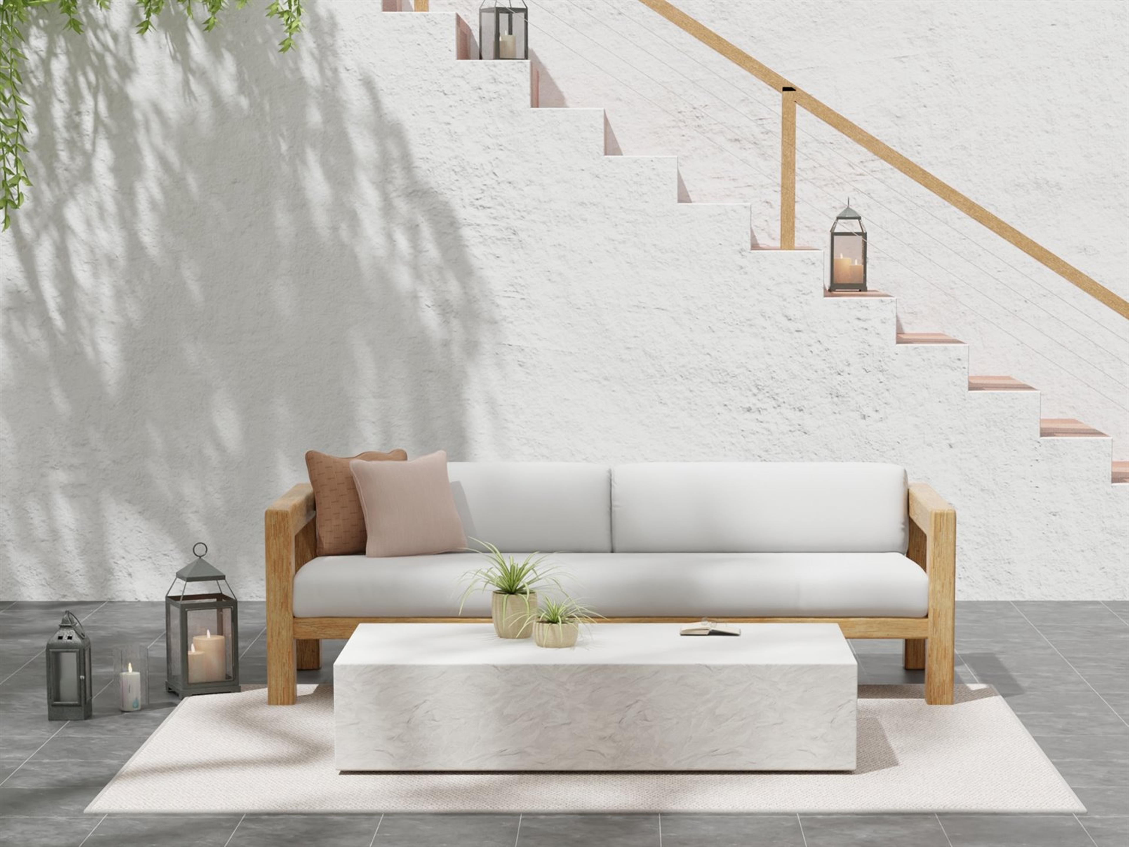 Sunset West Antique Stone Resin Bone White Rectangular Outdoor Patio Coffee Table