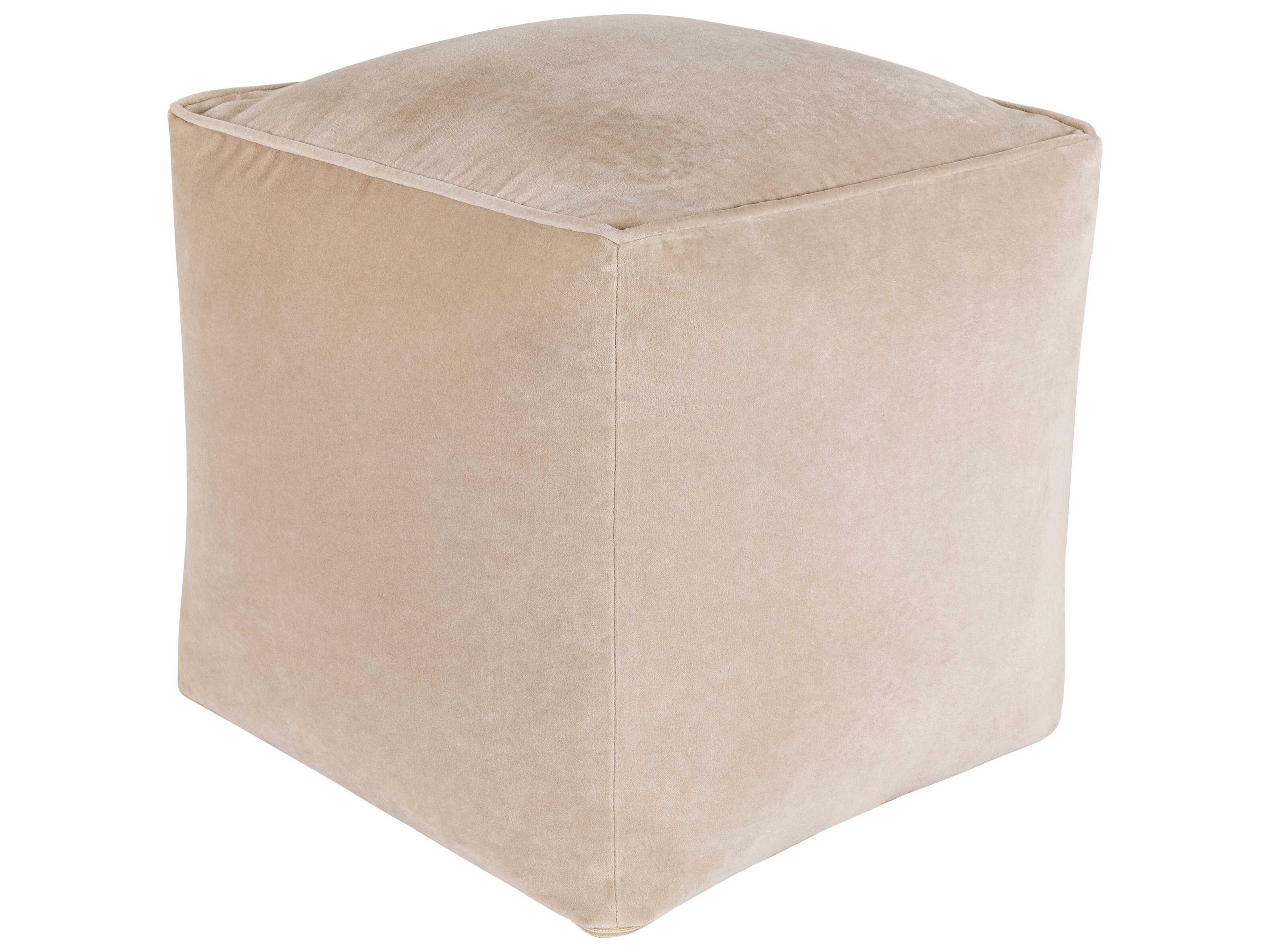 Cotton Velvet Cube Pouf Ottoman in Cream