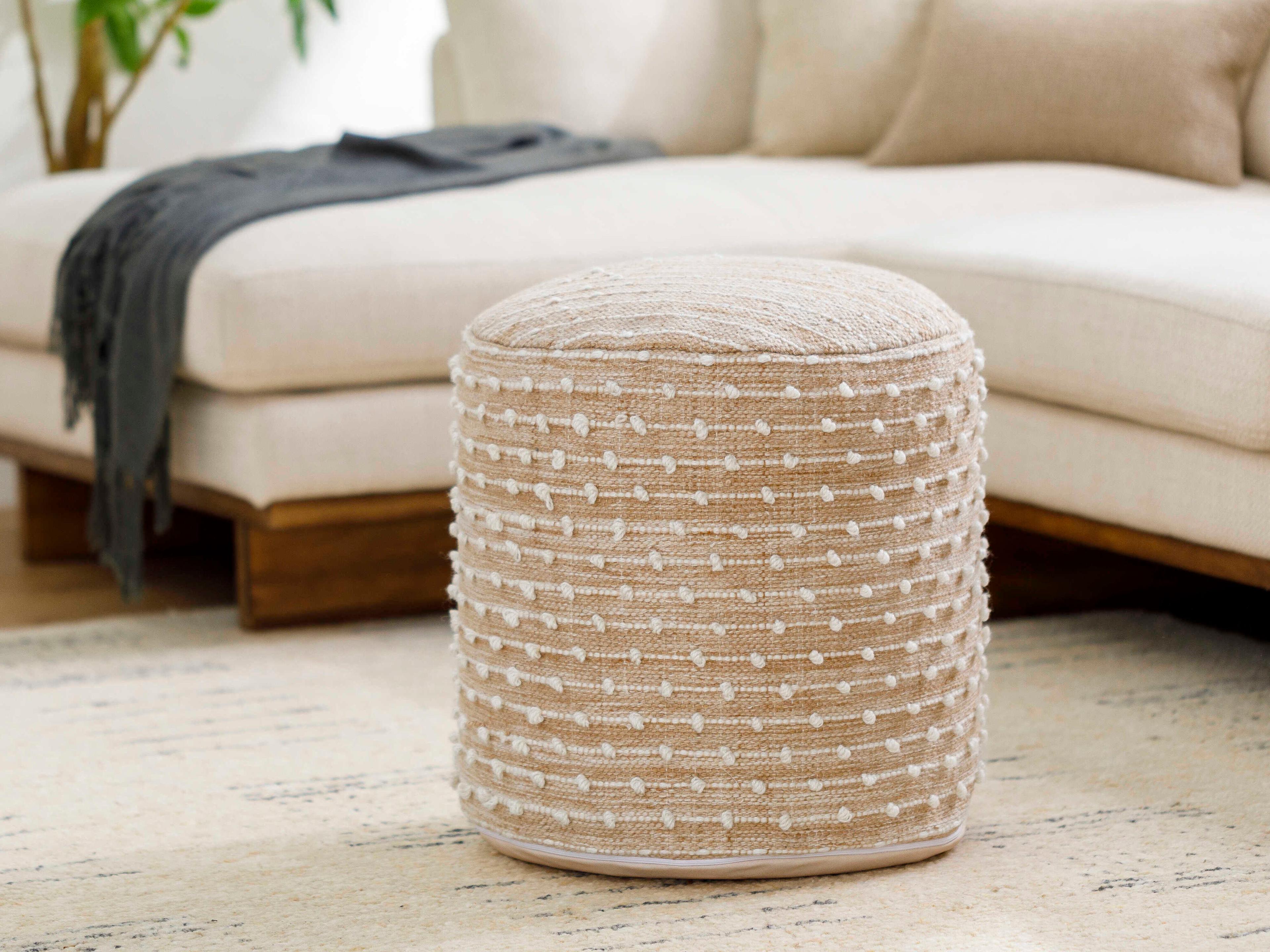 Surya Imani Beige Upholstered Pouf