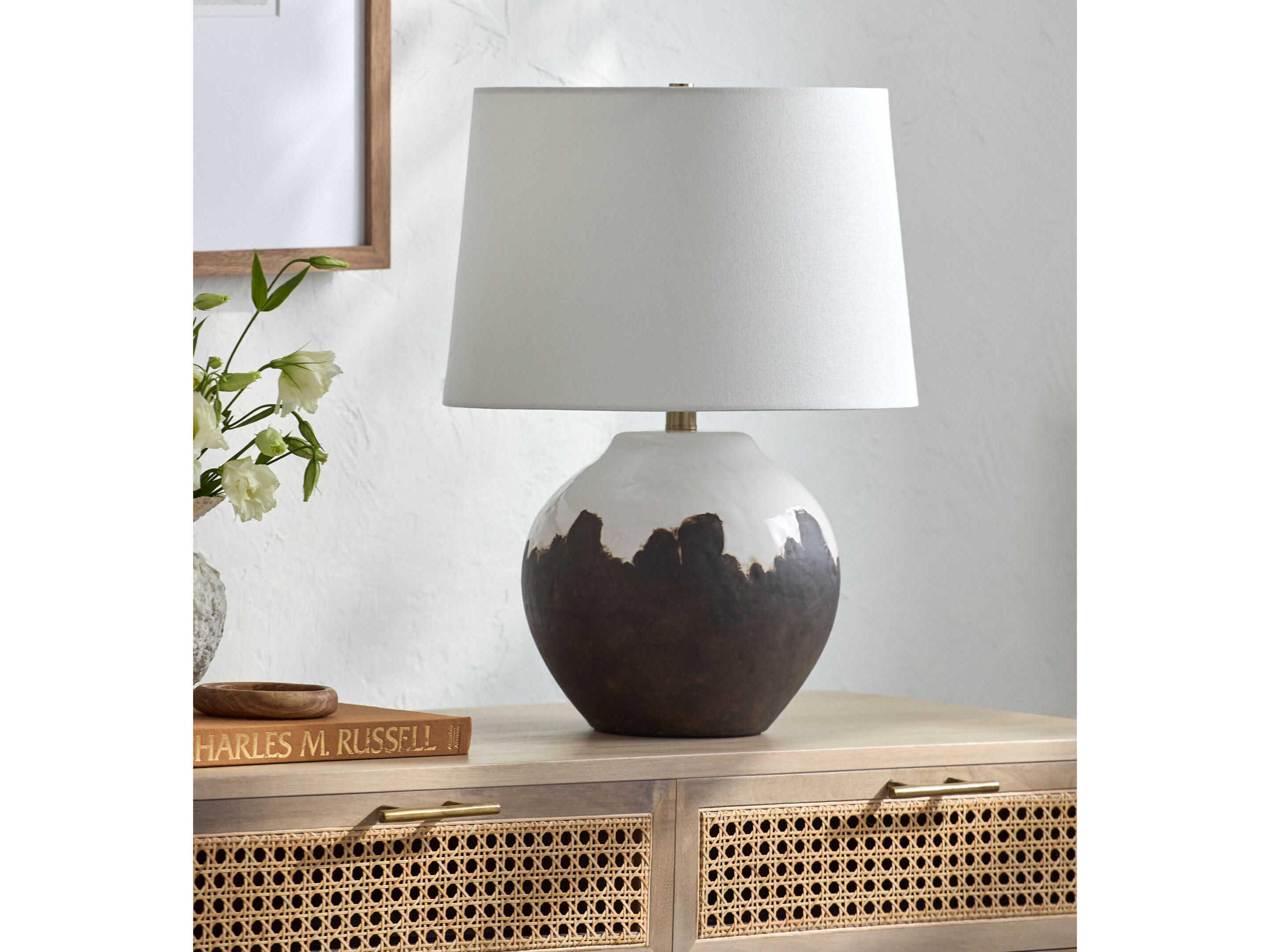 Surya Jirapa Brown White Linen Buffet Lamp