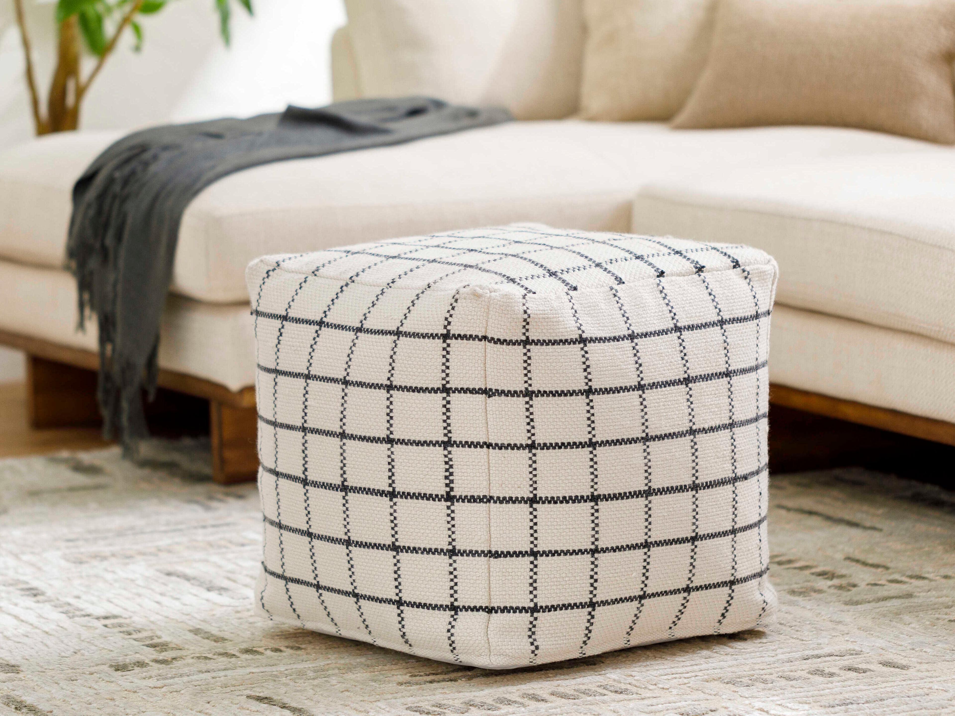 Surya Charmaine Ivory White Upholstered Pouf
