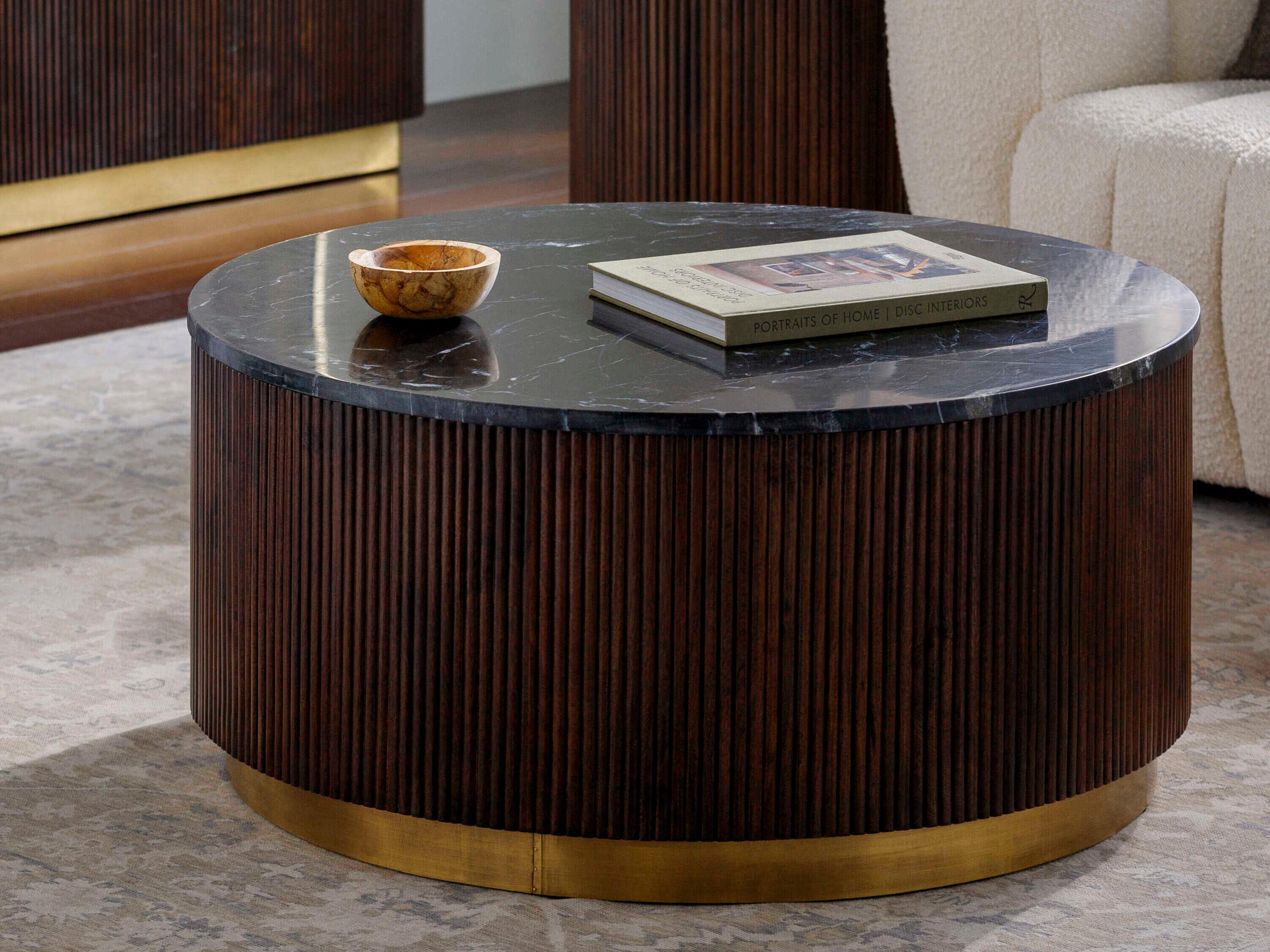 Surya Nems Round Marble Black Dark Brown Gold Coffee Table