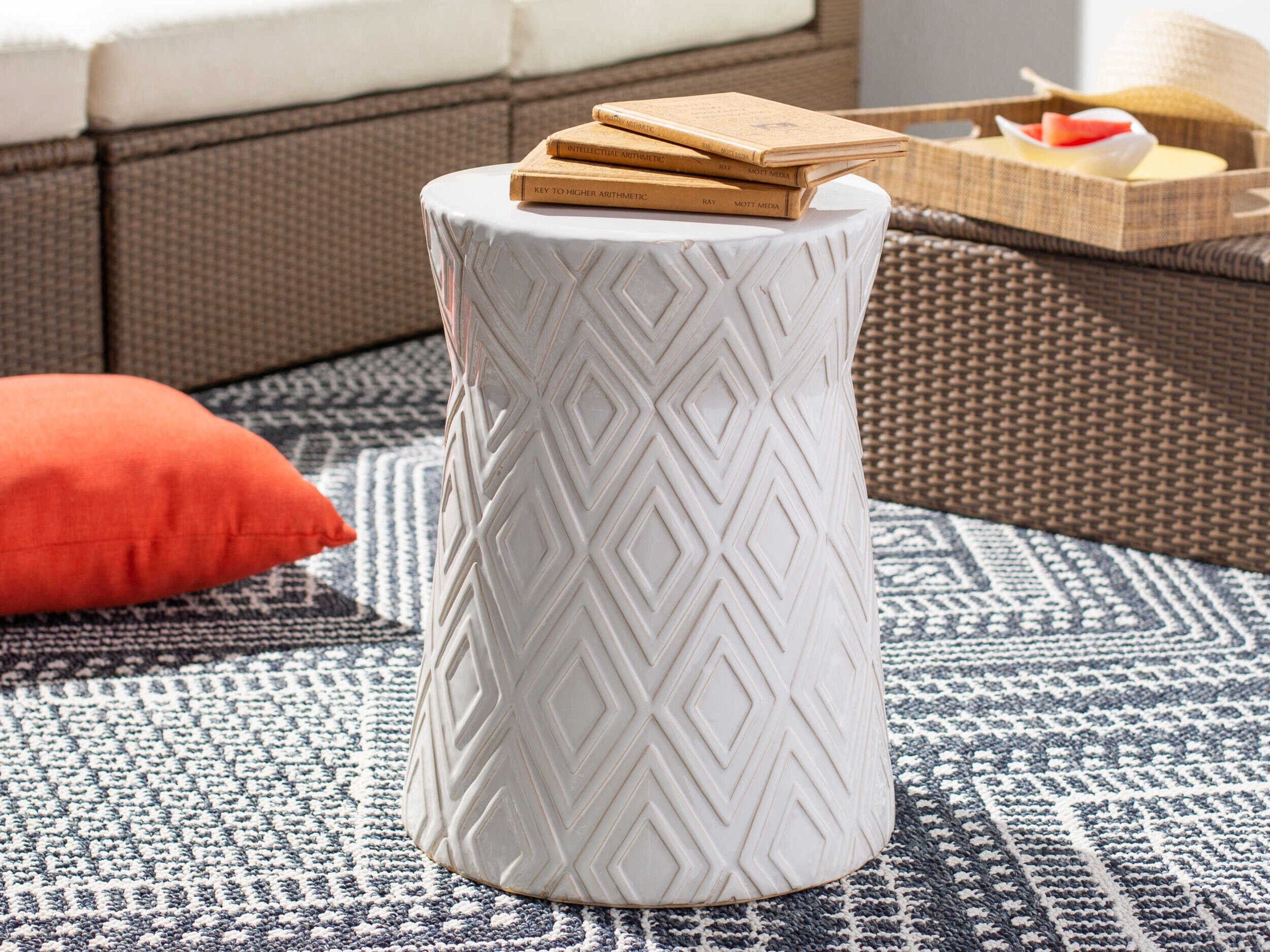 Surya Outdoor Cali Glazed White Ceramic Round Garden Stool