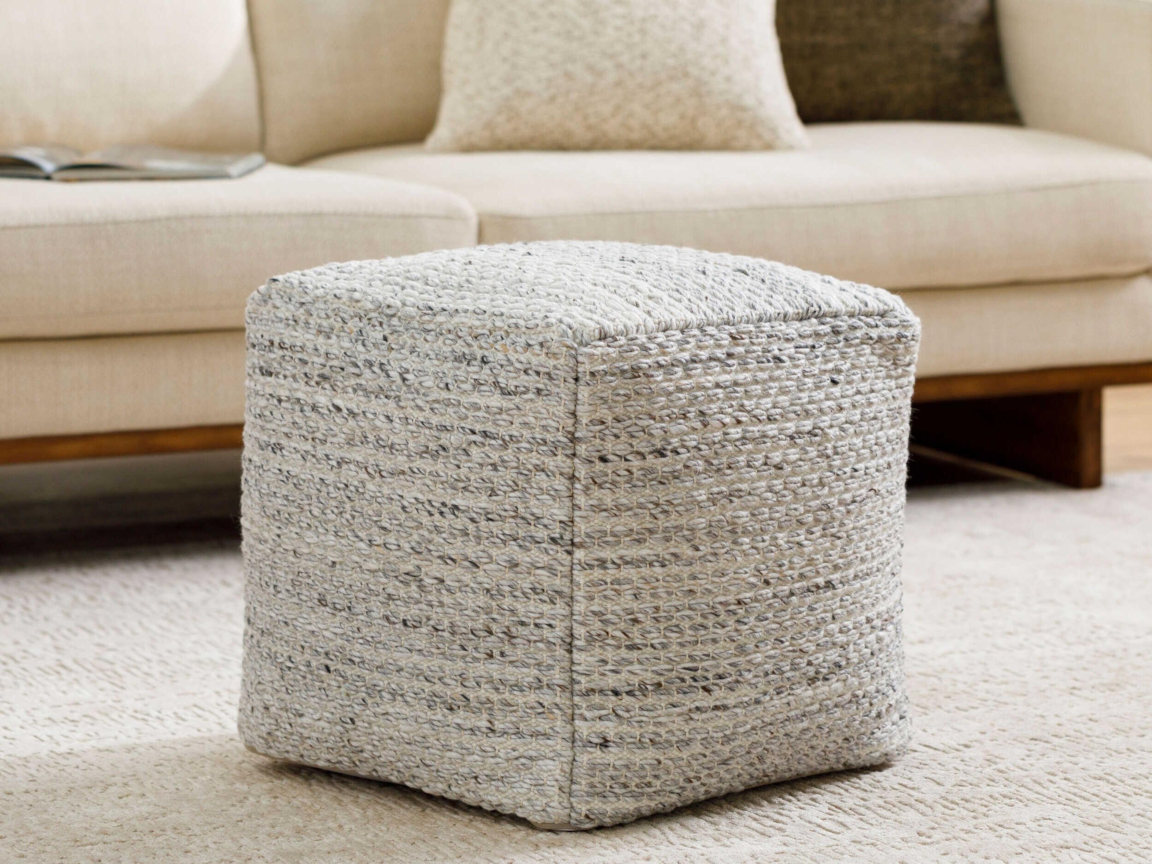 Surya Outdoor Averill Ivory Fabric Cushion Pouf