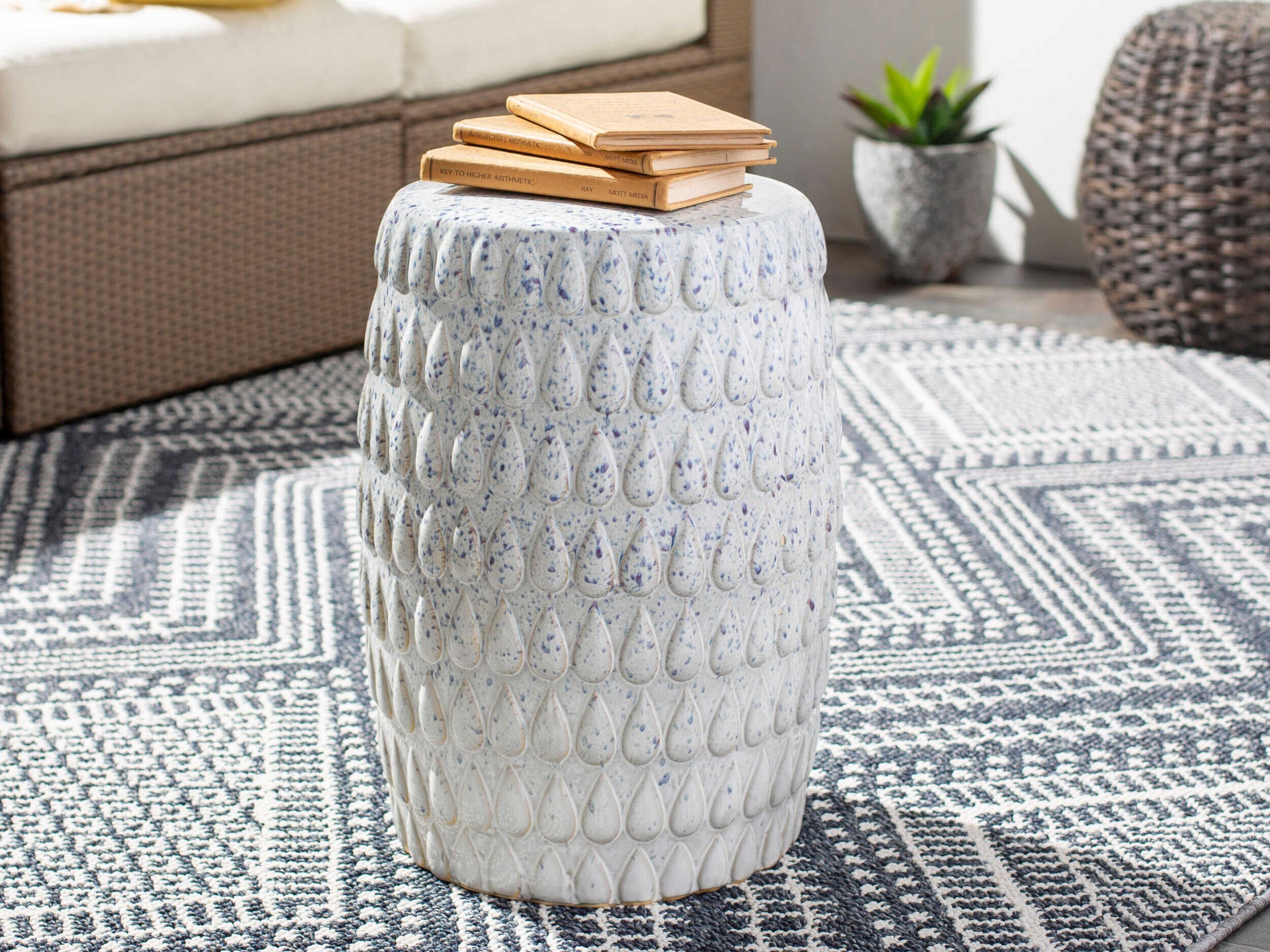 Surya Outdoor Blackwell Glazed White Ceramic Round Garden Stool