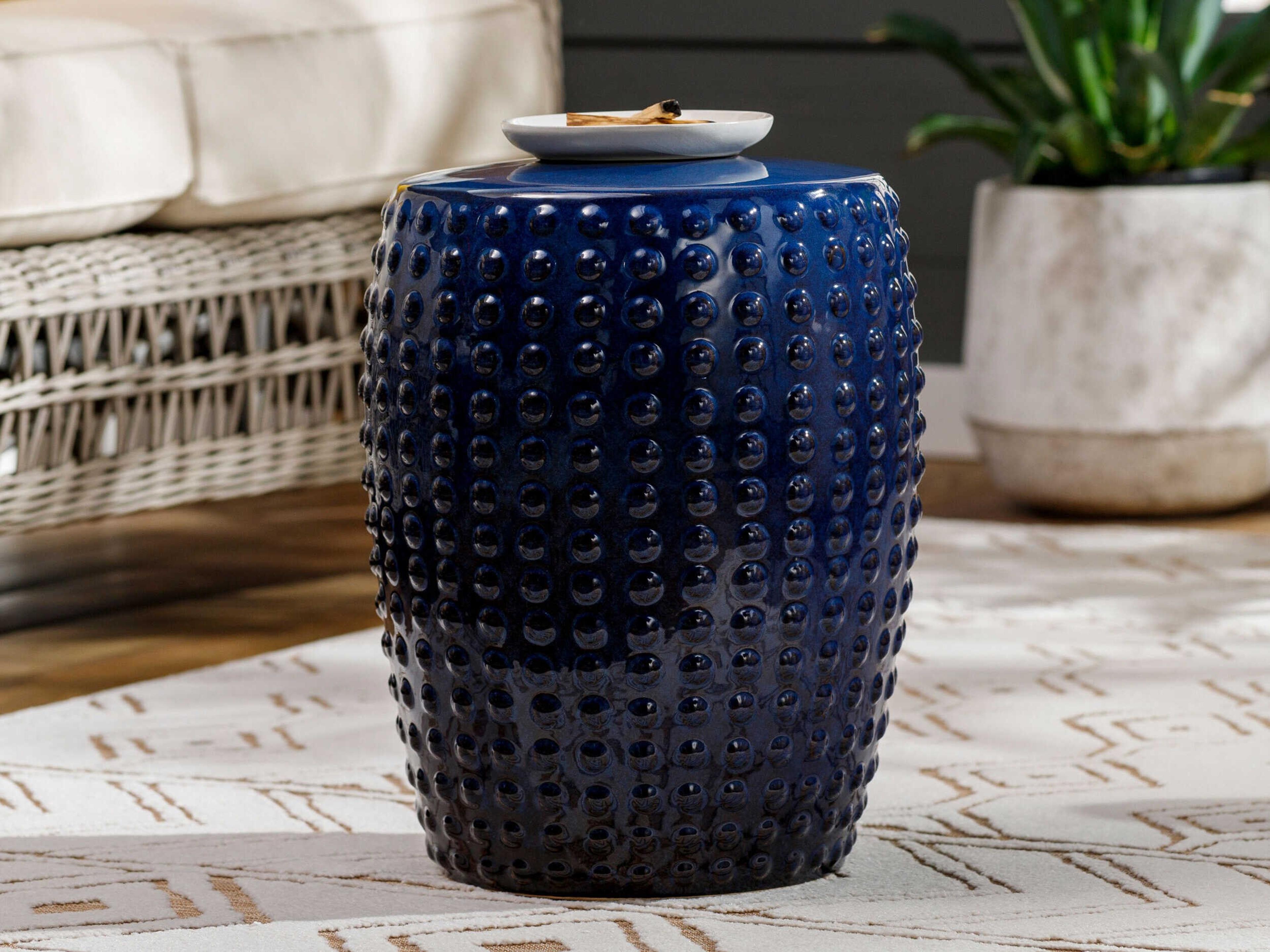 Surya Outdoor Camdale Glazed Blue Ceramic Round Garden Stool