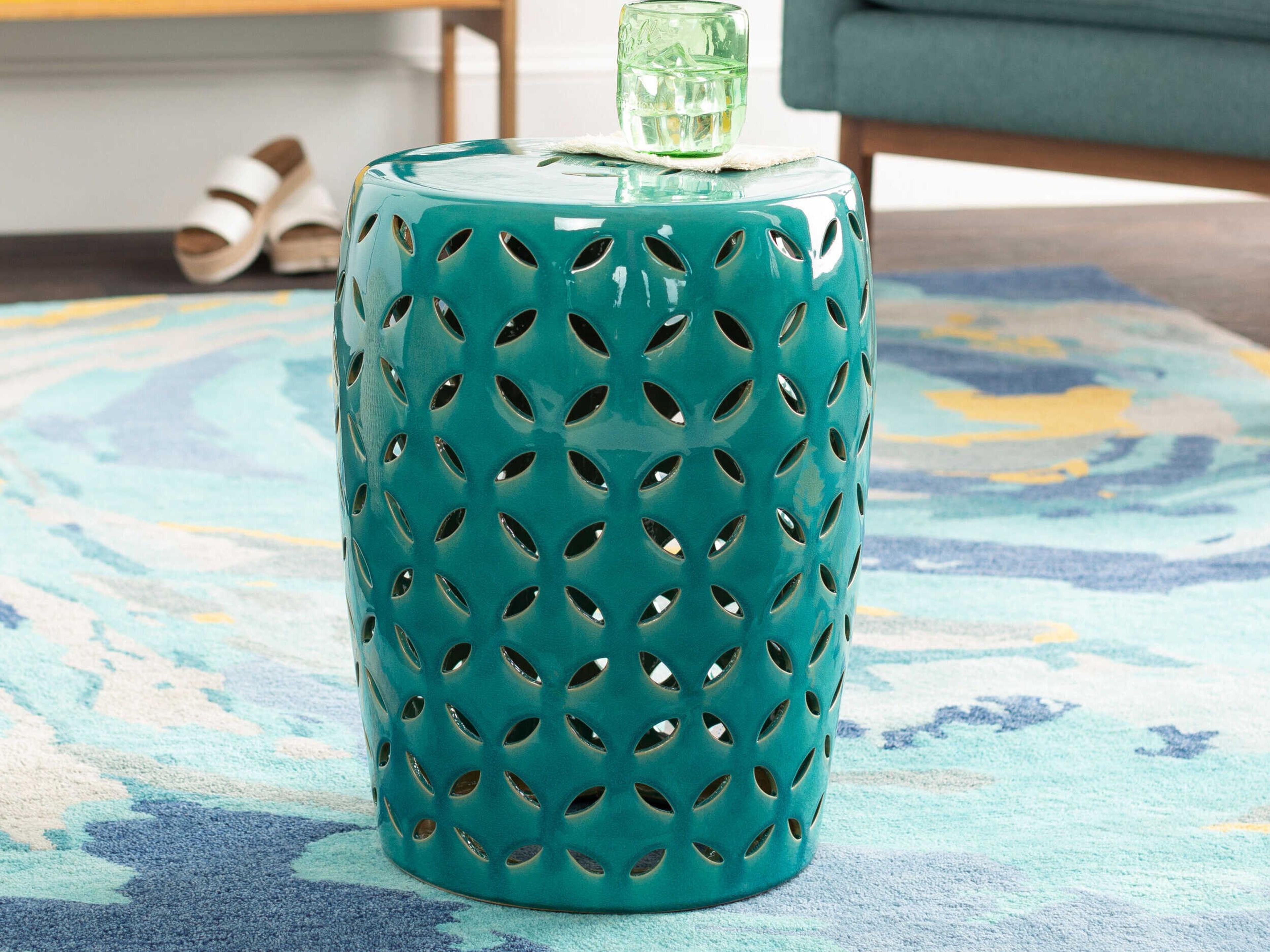 Surya Outdoor Chantilly Glazed Teal Ceramic Round Garden Stool