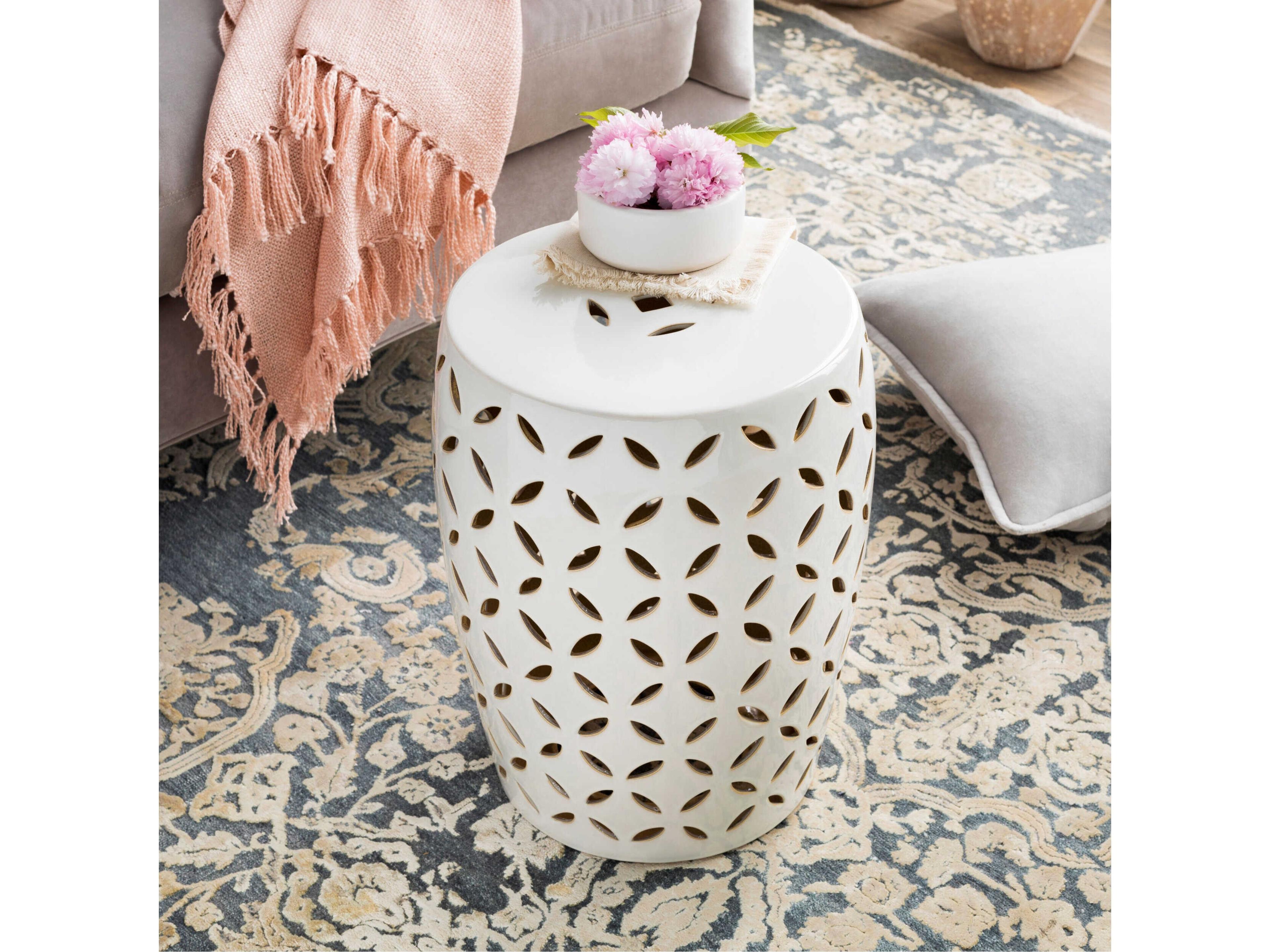 Surya Outdoor Chantilly Glazed Ivory Ceramic Round Garden Stool