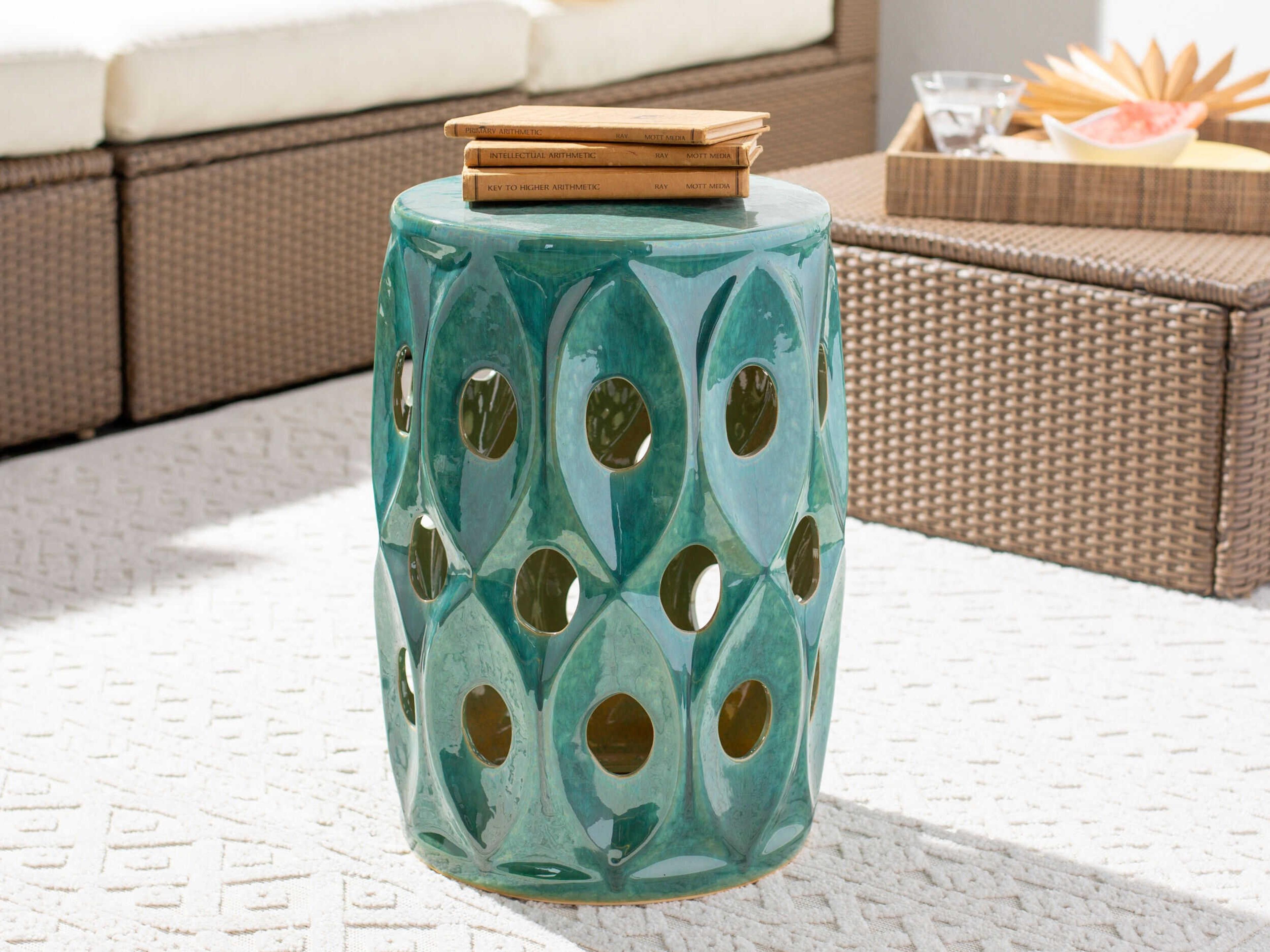 Surya Outdoor Erika Glazed Green Ceramic Round Garden Stool