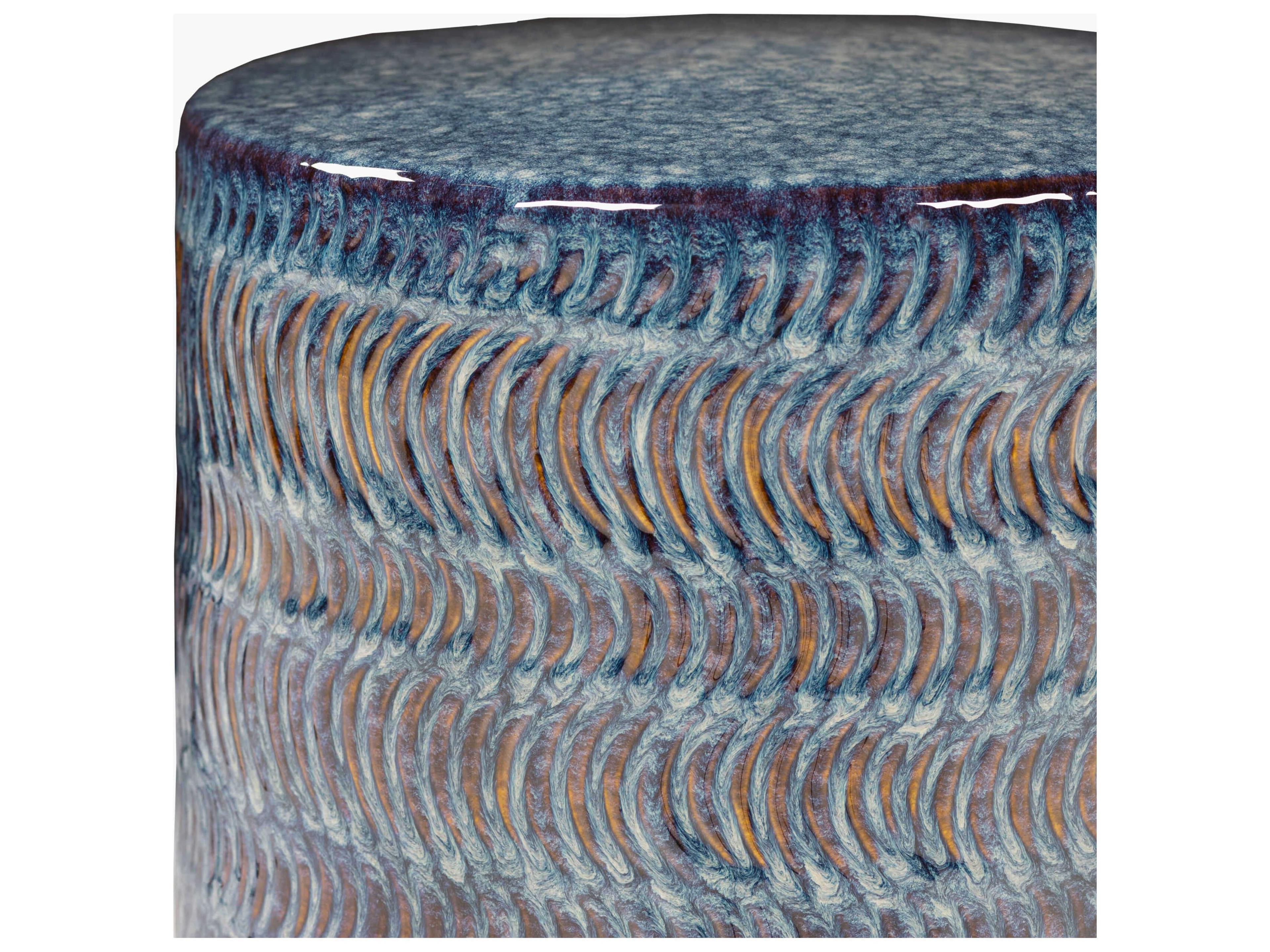 Surya Outdoor Faith Glazed Blue Ceramic Round Garden Stool