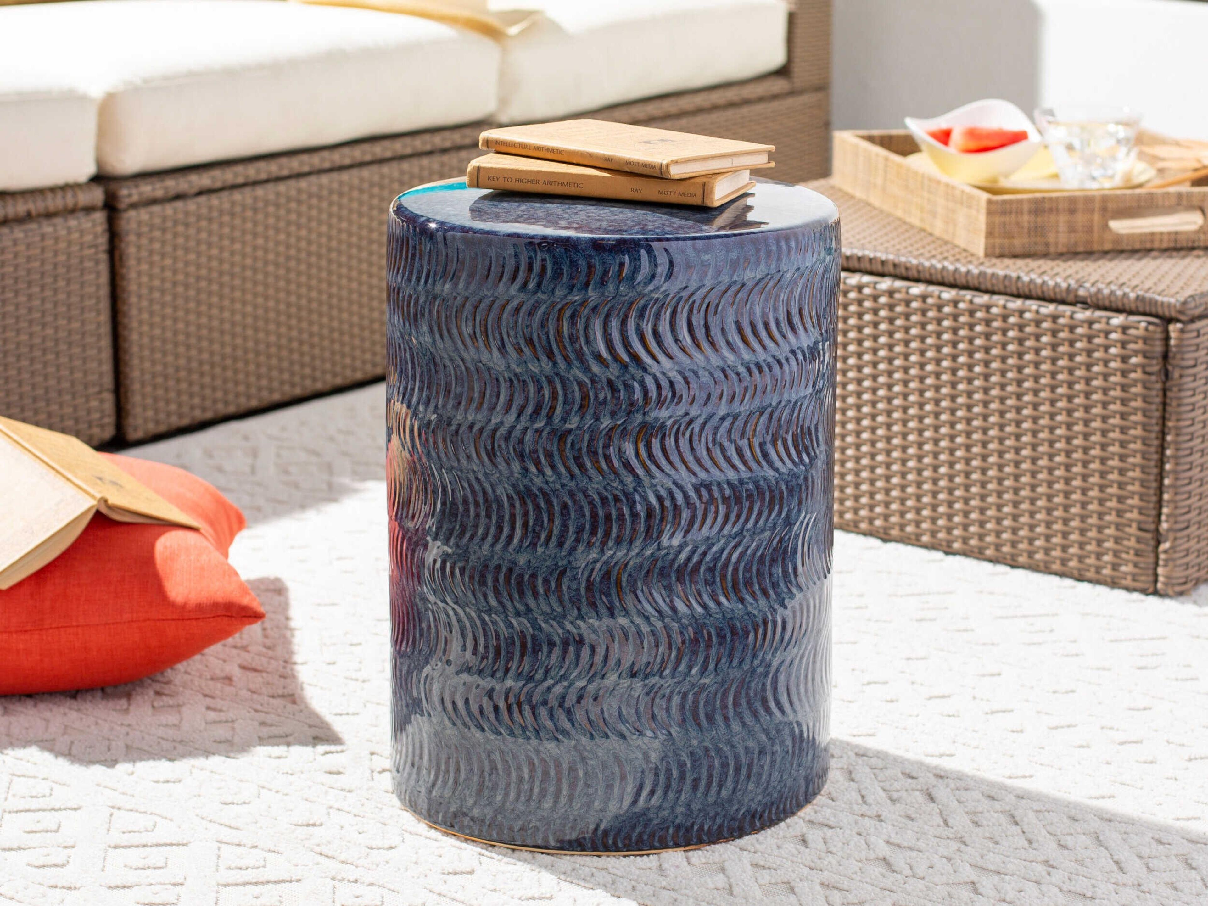 Surya Outdoor Faith Glazed Blue Ceramic Round Garden Stool